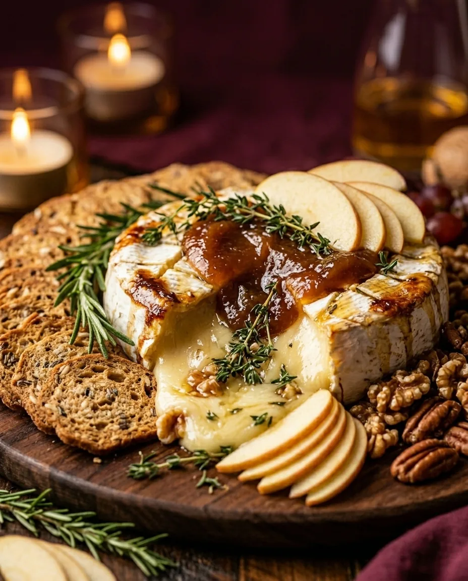 Baked brie topped with a glossy spoonful of apple butter and thyme sprigs, melted cheese spilling onto a wooden board with apple slices, crackers and nuts.
