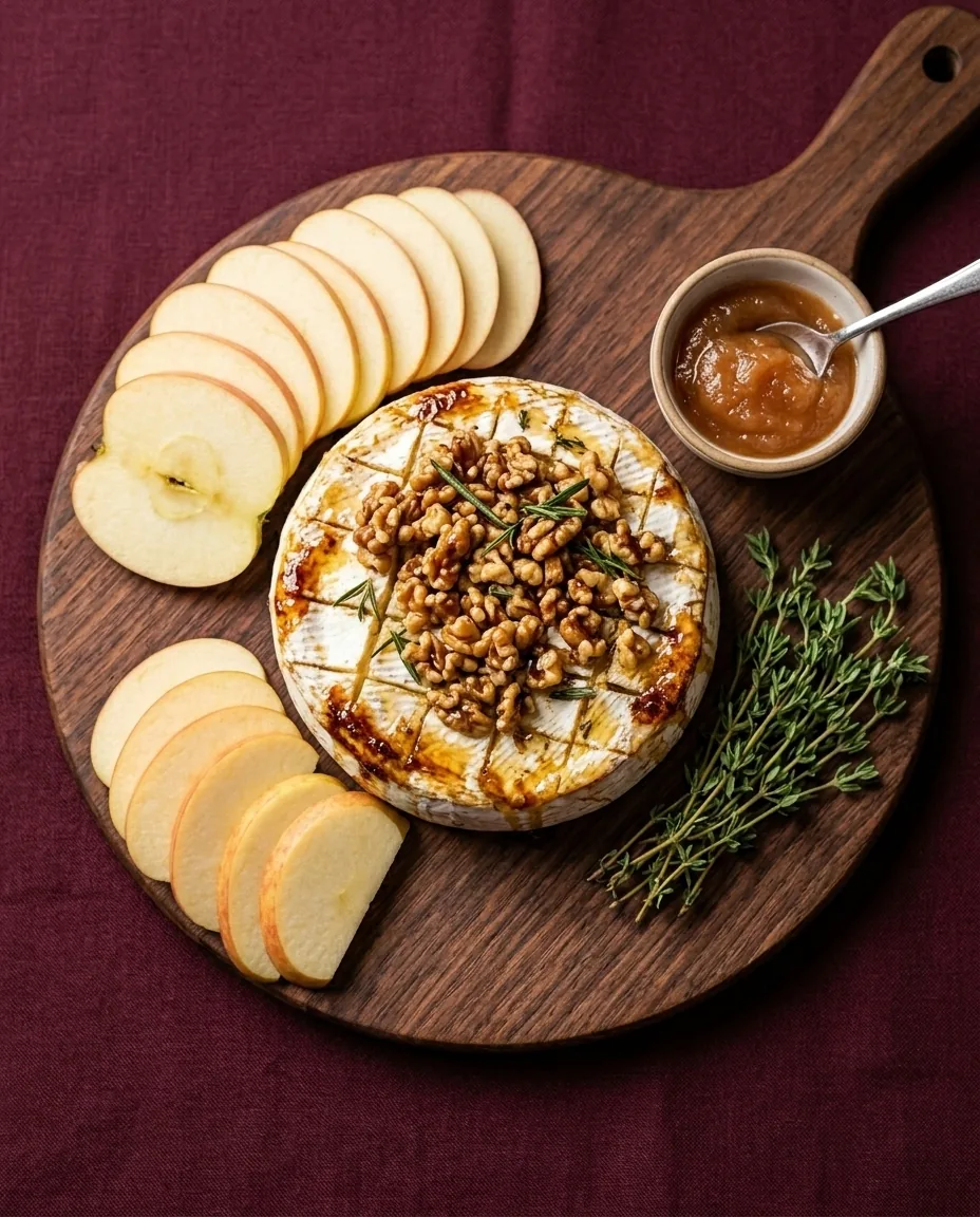 A scored brie wheel topped with toasted walnuts and thyme on a round wooden board, with apple slices and a small bowl of apple butter beside it.