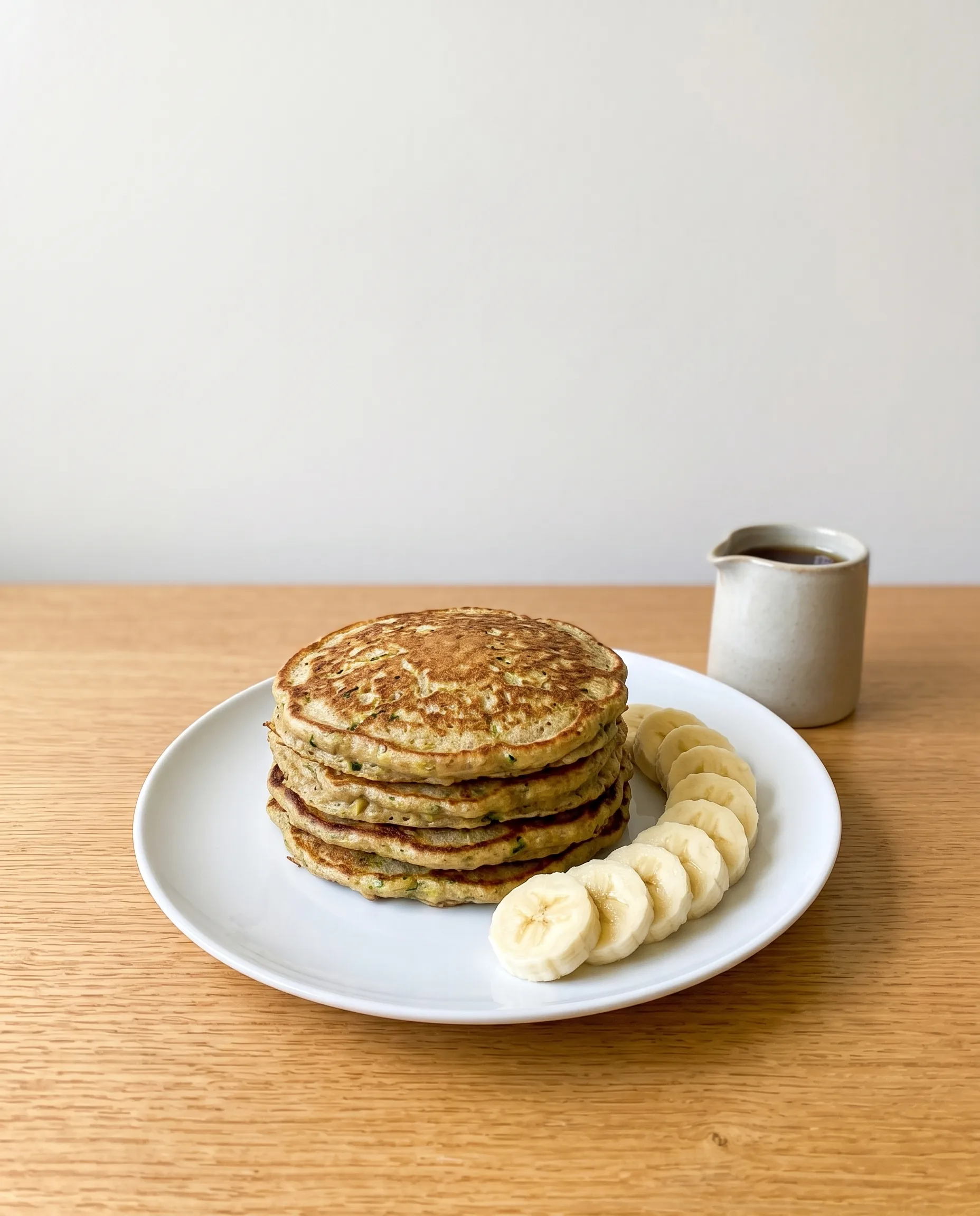 A white plate holding a stack of four golden-brown pancakes with a curved row of banana slices beside them and a small ceramic pitcher of syrup in the background.