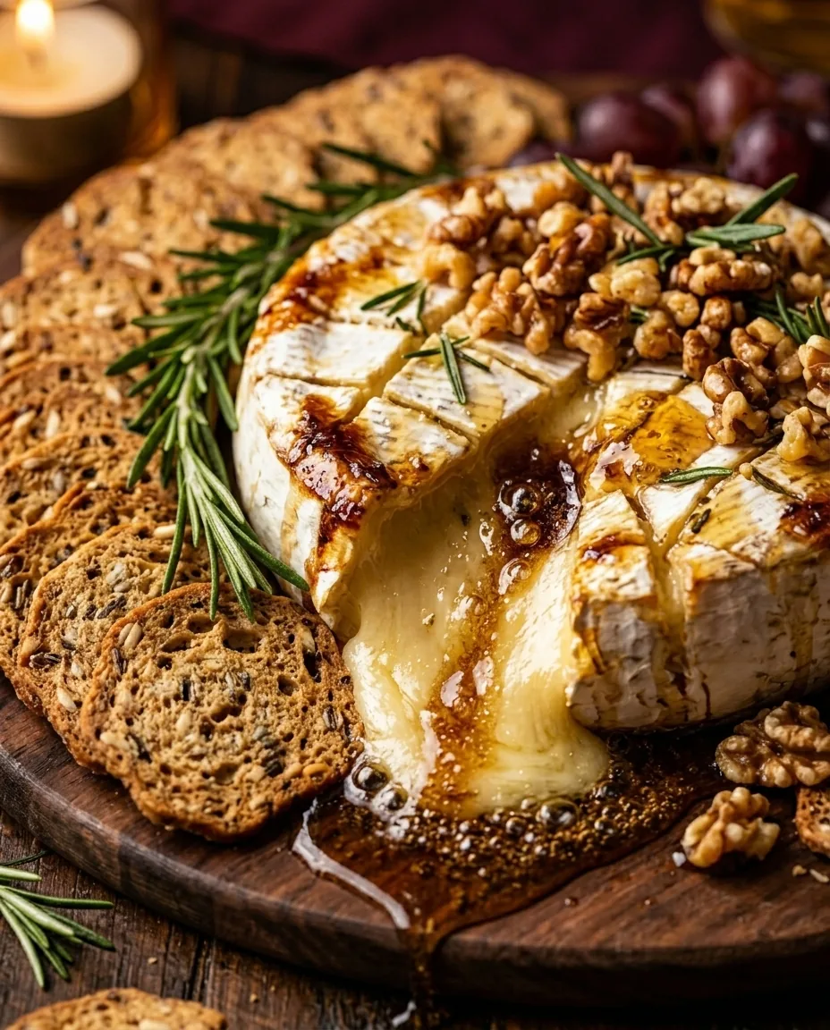 Baked brie with a scored top, walnuts and rosemary, warm caramel and melted cheese running onto a wooden board beside seeded crackers.