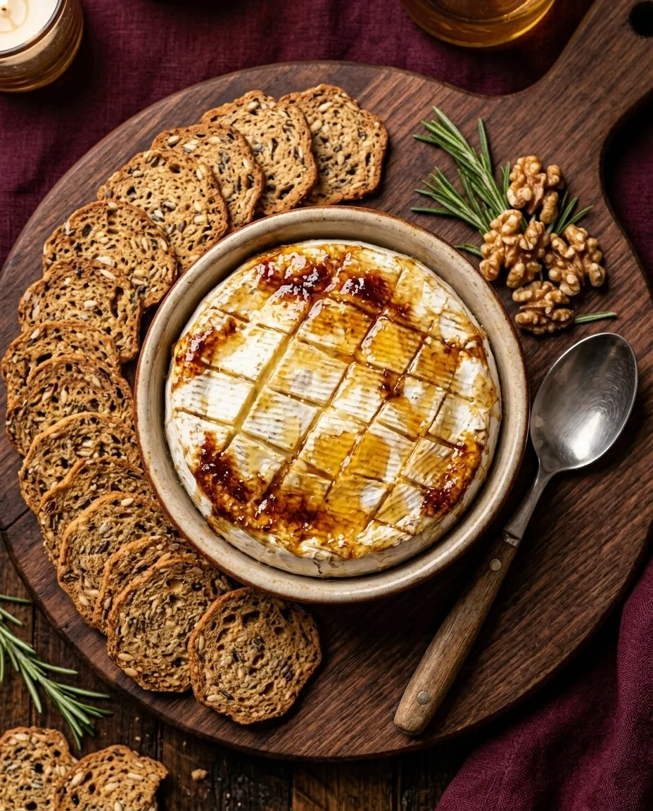 Overhead view of a scored brie wheel in a ceramic dish with a caramel sheen, seeded crackers around it, and walnuts and rosemary on a wooden board.