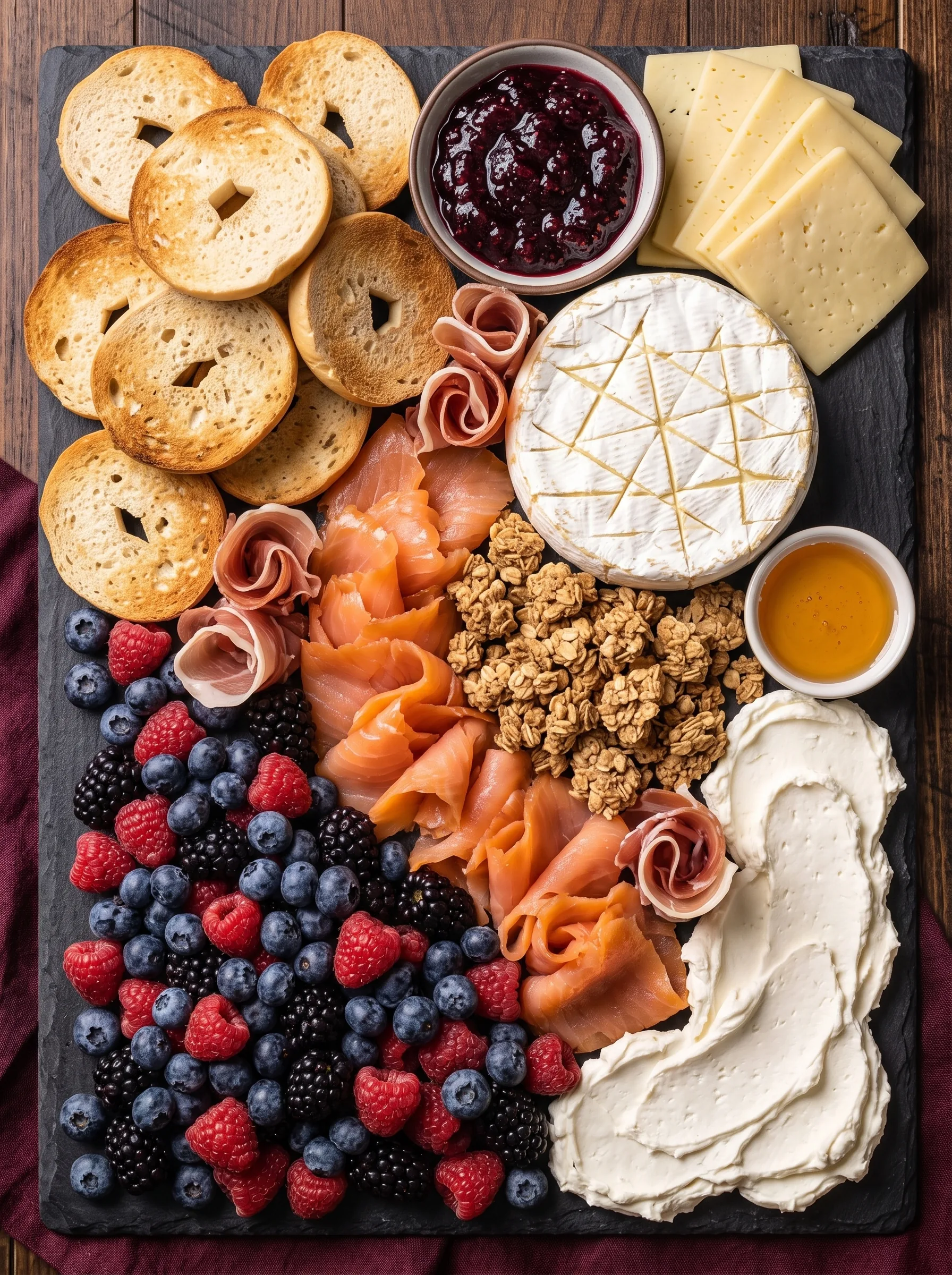 Overhead view of a slate board with a scored brie, sliced havarti, whipped cream cheese, smoked salmon, prosciutto rolls, toasted bagel halves, granola, berries, jam and honey.