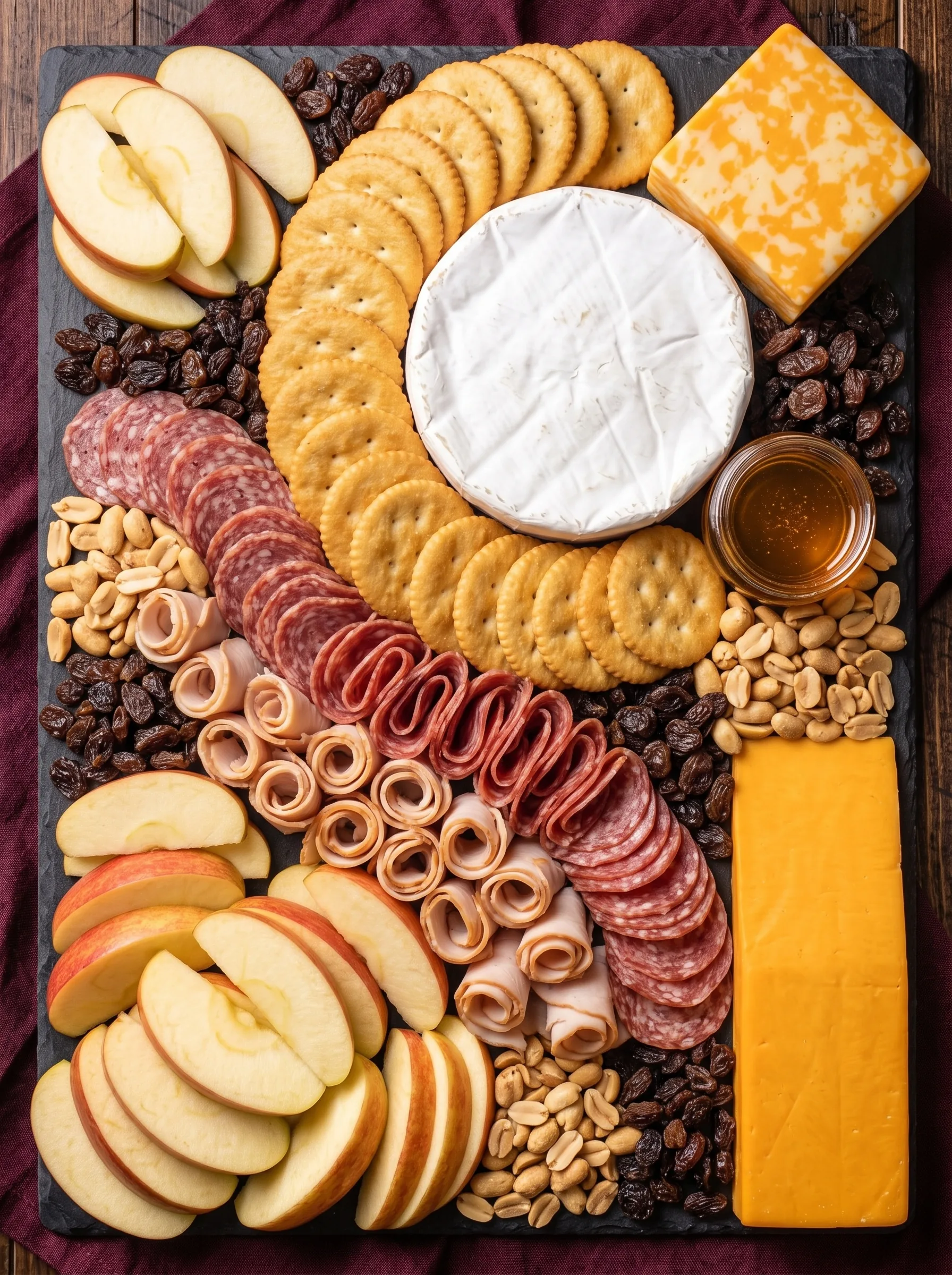 Overhead view of a slate board with a brie wheel, cheddar and colby jack blocks, rolled turkey, salami, apple slices, crackers, peanuts, raisins and a jar of honey.