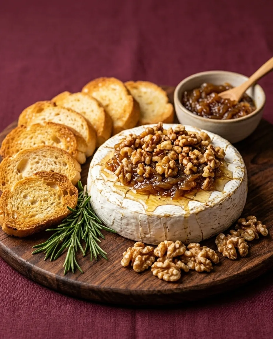 A baked brie wheel topped with walnuts and onion jam on a wooden board, with toasted baguette slices, rosemary, loose walnuts and a small bowl of onion jam.