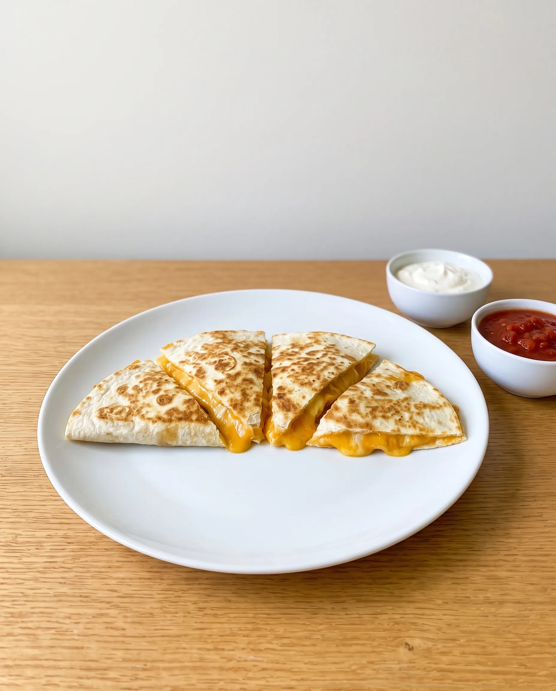 Four toasted flour tortilla triangles fanned on a white plate with melted cheddar oozing from the edges, with bowls of sour cream and salsa beside the plate.