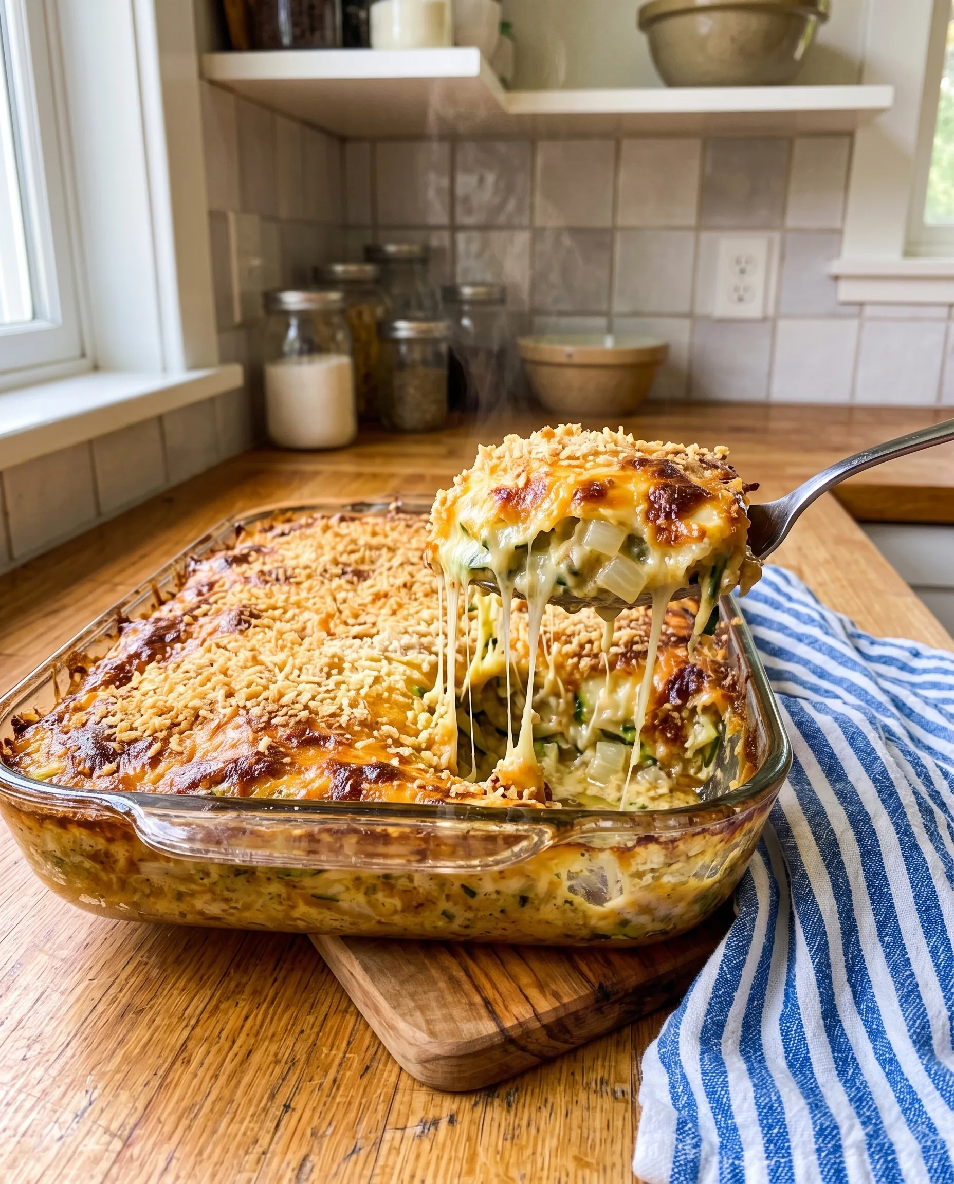 A glass baking dish of golden cheesy zucchini casserole with a crumb top, a serving spoon lifting a portion with strings of melted cheese, diced onion and zucchini visible, and a blue striped towel beside it.