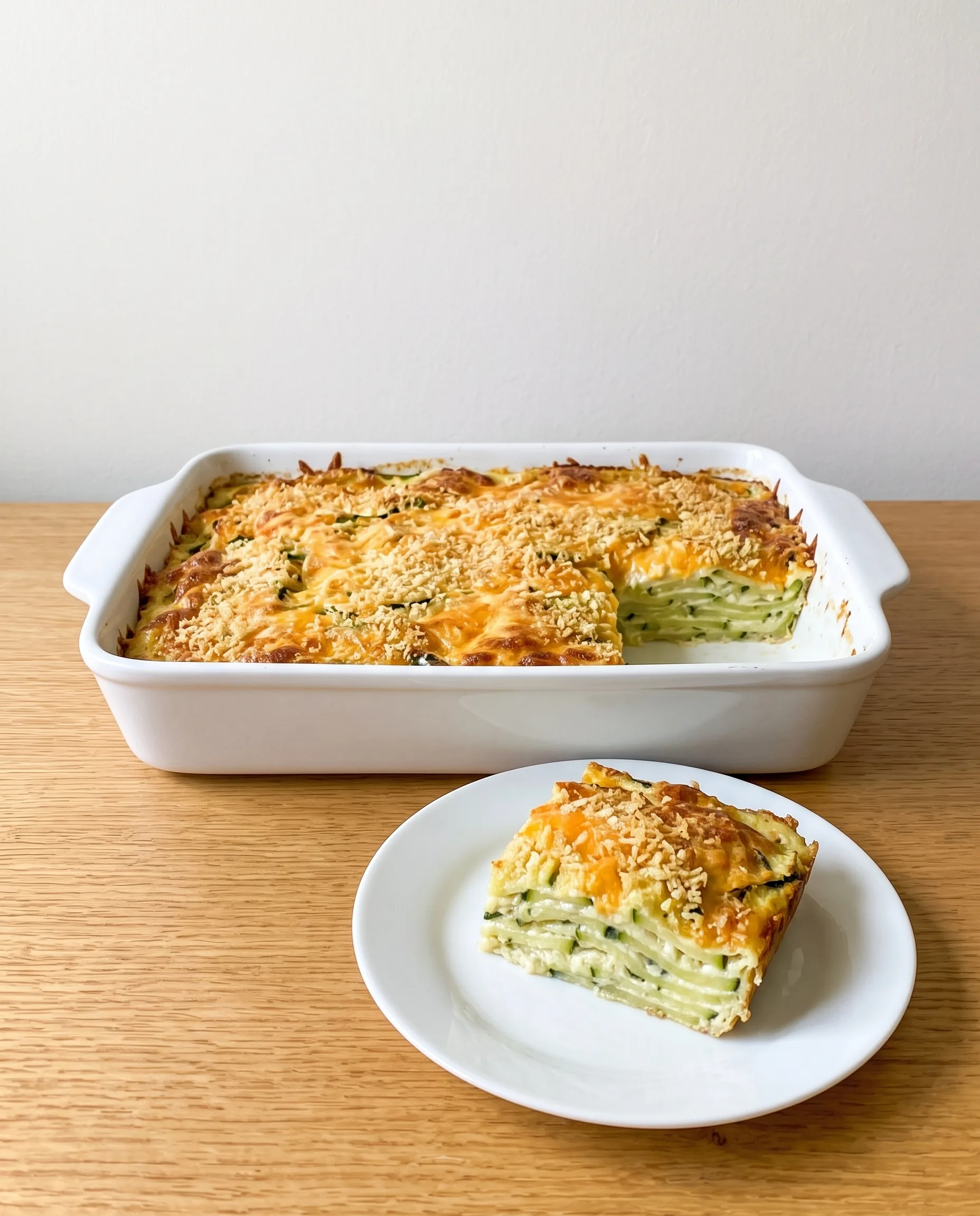 A white baking dish of zucchini casserole with a golden crumb topping and a square cut out, showing thin layered zucchini slices in cream, with a single portion on a white plate in front.