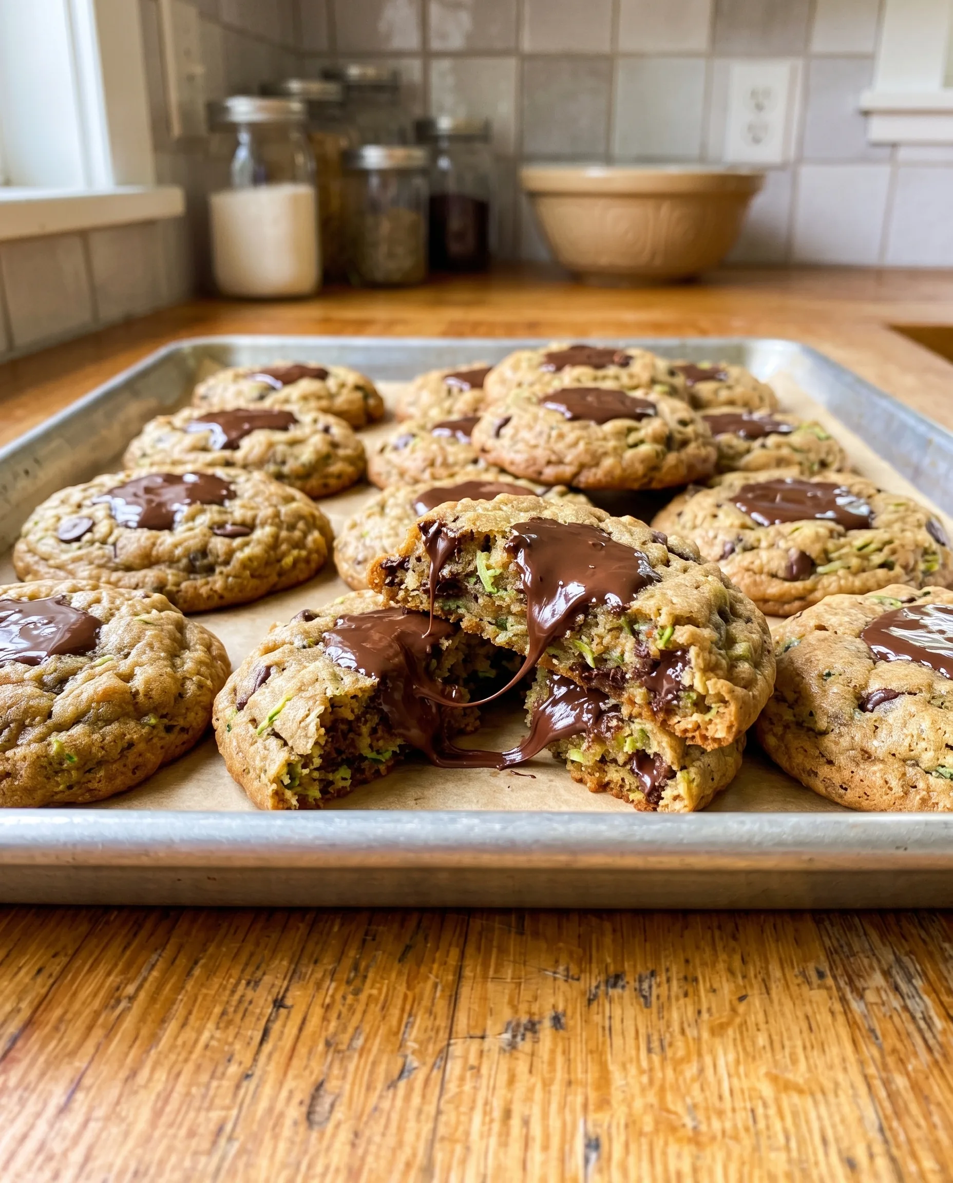 A metal baking sheet lined with parchment holding soft zucchini cookies topped with pools of melted chocolate, one cookie broken open to show green shreds and gooey chocolate.