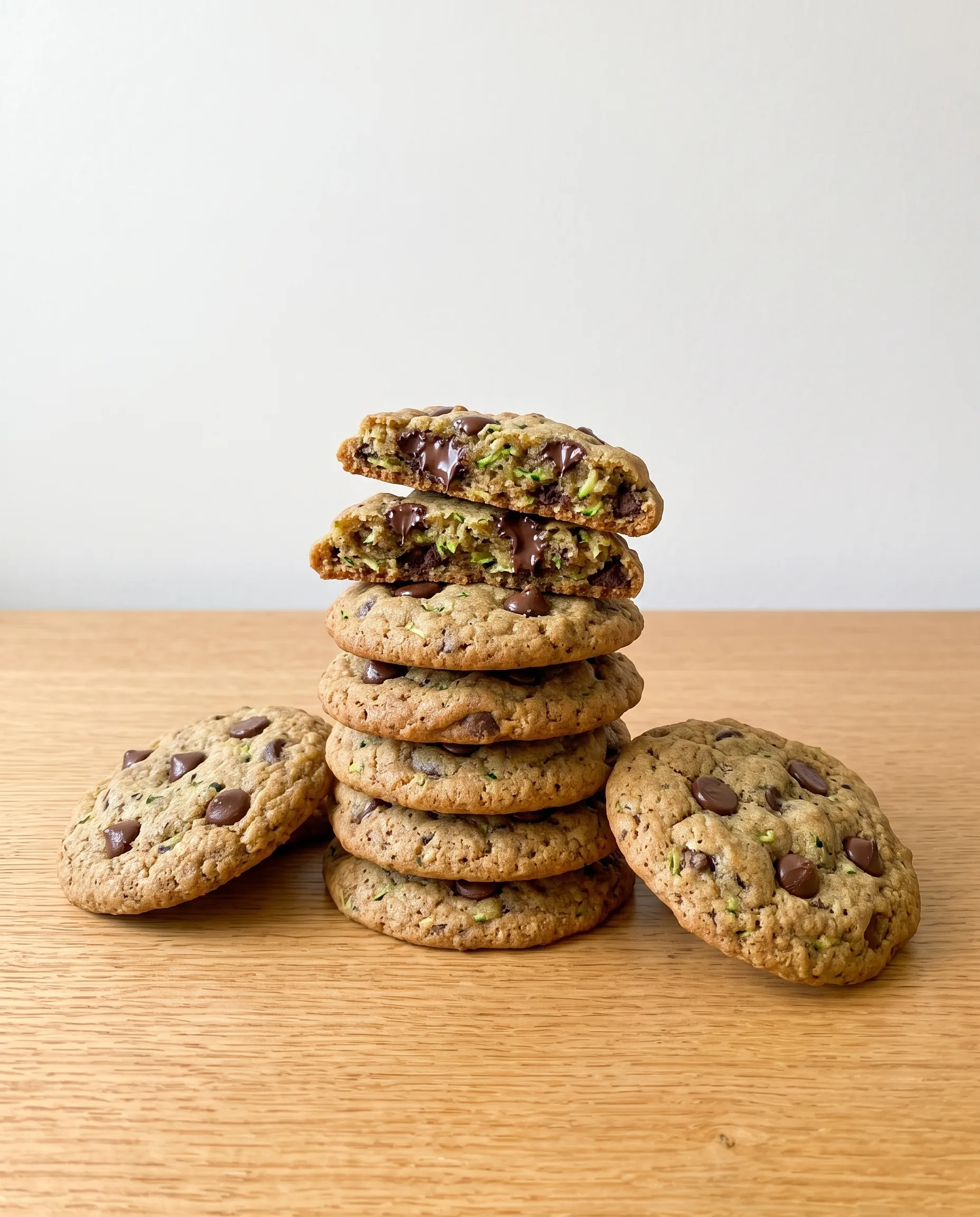 A stack of chocolate chip zucchini cookies with the top cookie broken in half to show green flecks and melted chocolate, with two more cookies leaning on either side of the stack.