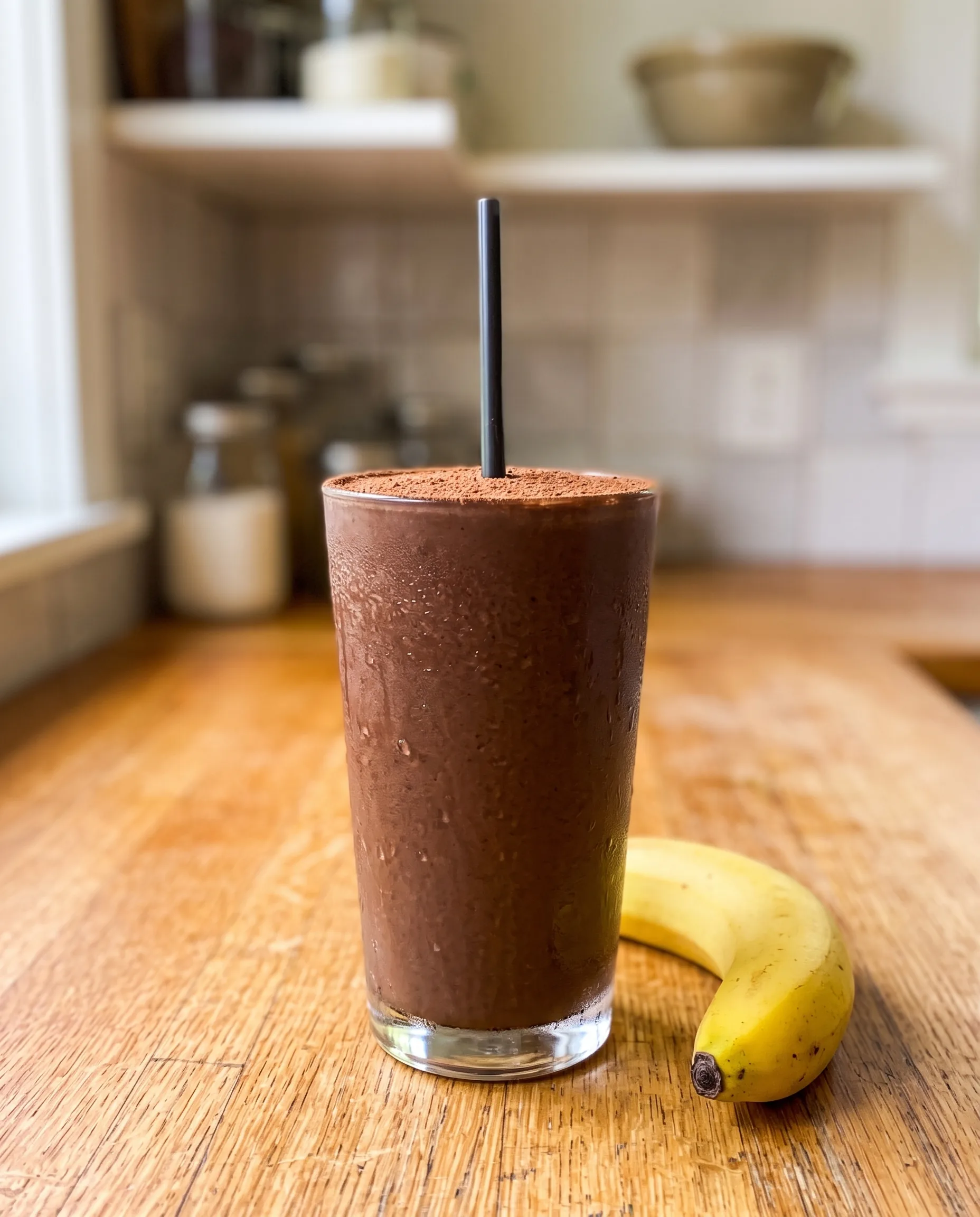A tall glass of thick chocolate smoothie dusted with cocoa powder, with a black straw standing in it, on a wooden counter next to a yellow banana.