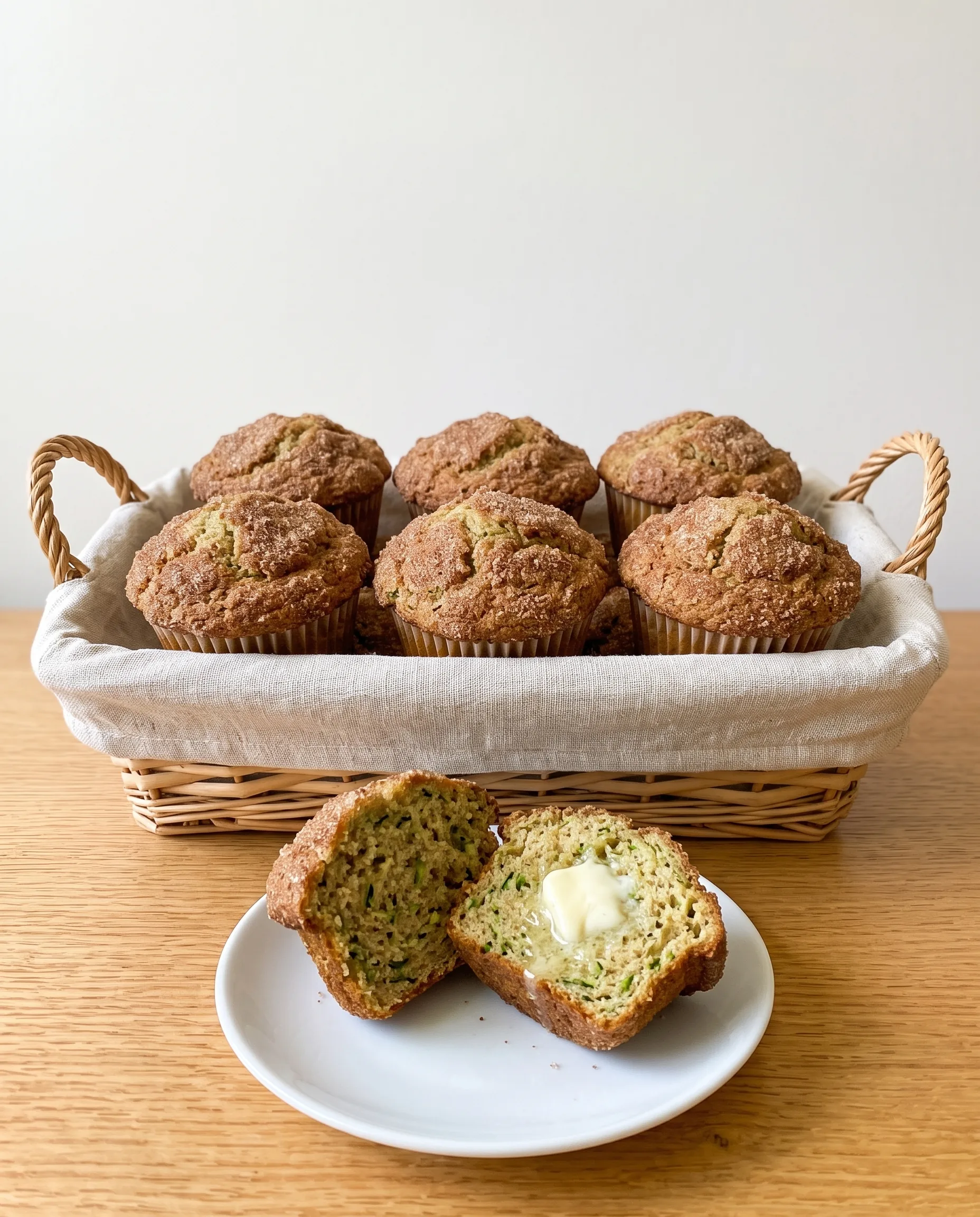 A linen-lined wicker basket of cinnamon sugar muffins with high domed tops, and in front a halved muffin on a white plate with butter melting into the green-flecked crumb.