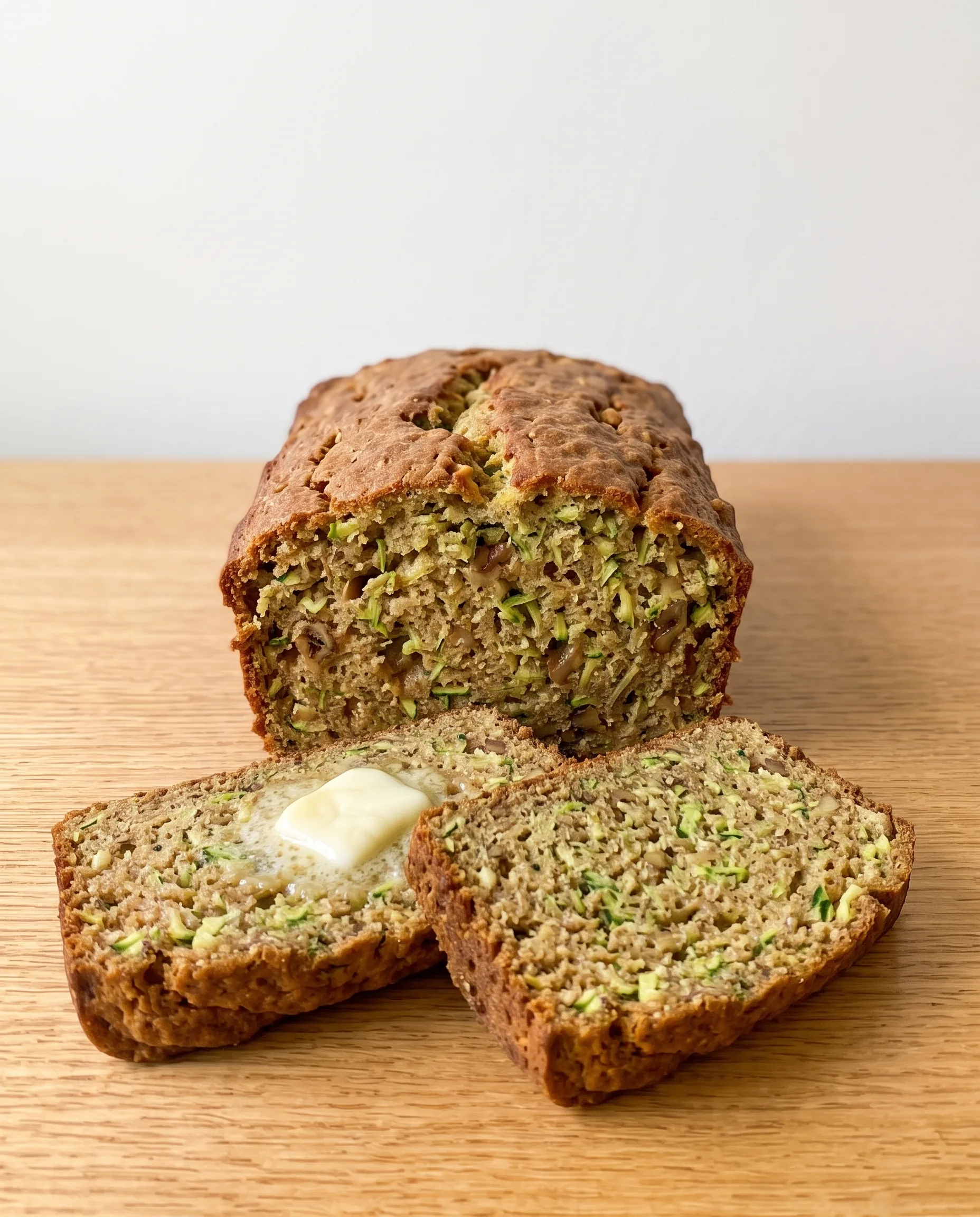 A loaf of zucchini bread cut open to show a moist crumb full of green shreds and nuts, with two slices in front, one topped with melting butter, on a wooden table.