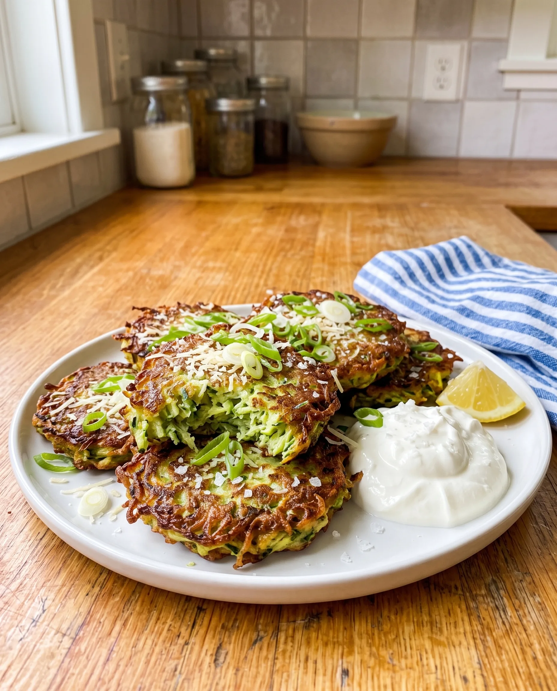A stack of golden zucchini fritters topped with sliced scallions and grated parmesan on a white plate, with a dollop of yogurt, a lemon wedge and a striped towel on a wooden counter.