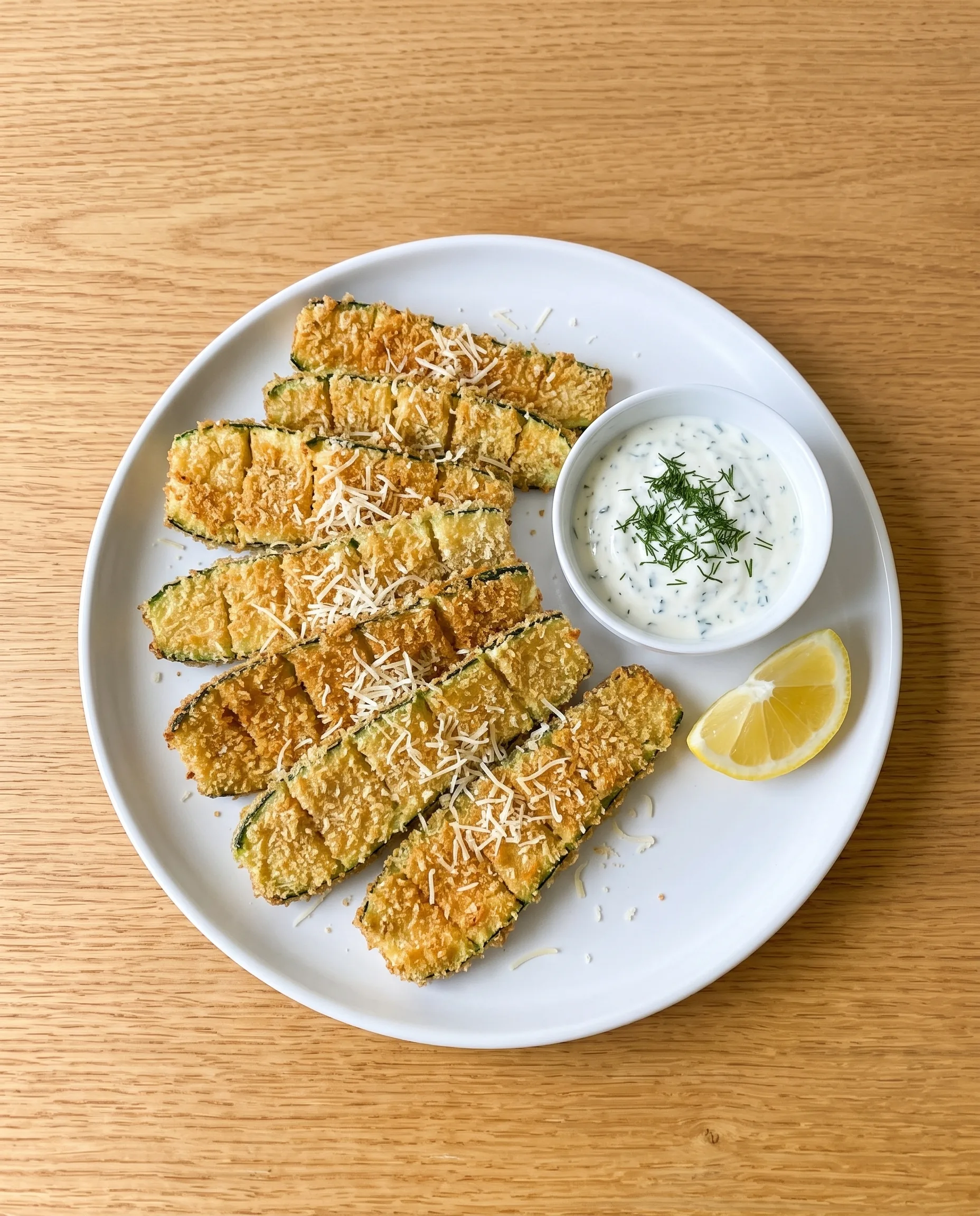 Overhead view of scored, breaded zucchini planks with grated parmesan on a white plate, next to a bowl of dill yogurt and a lemon wedge.