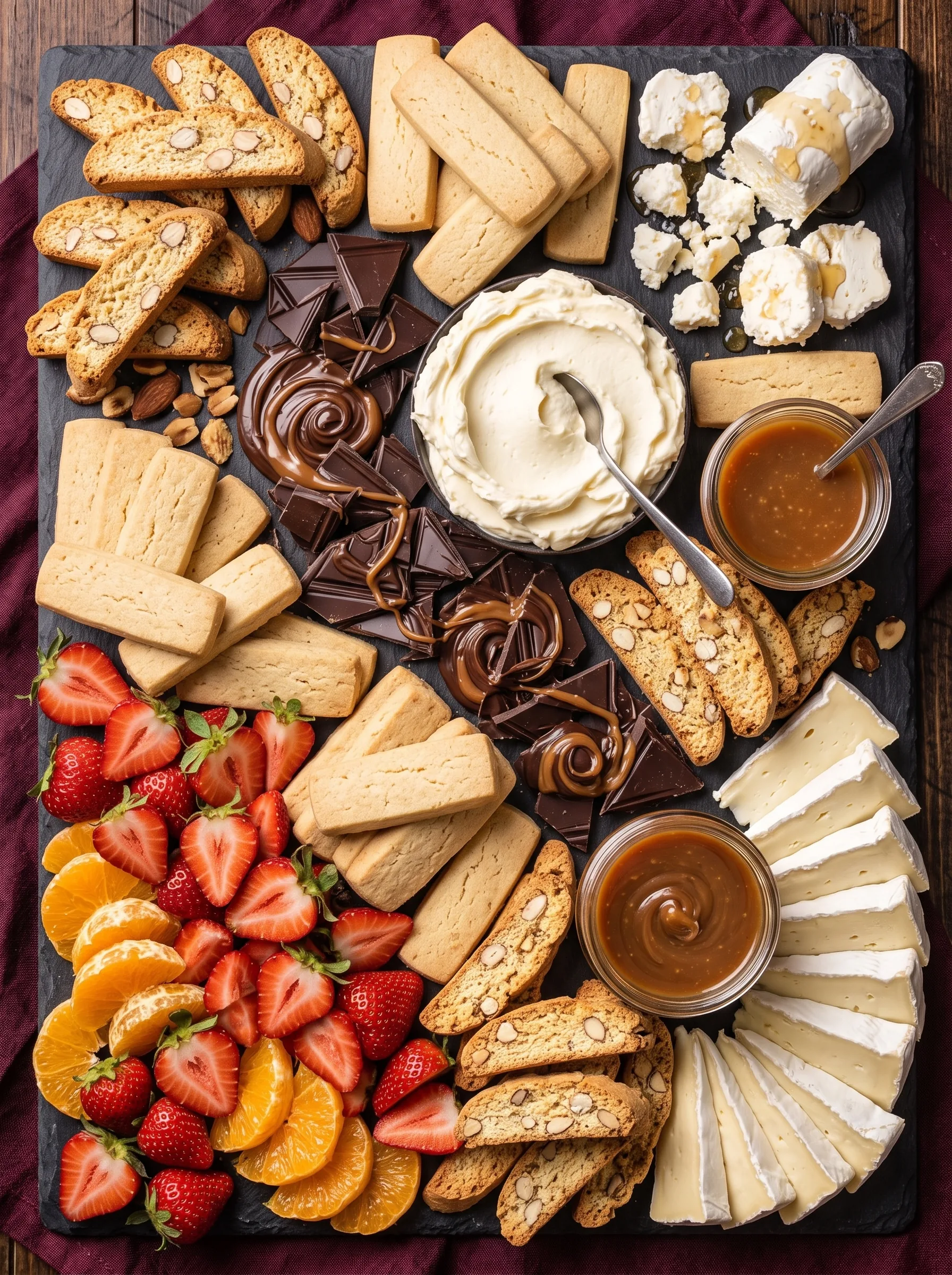 Overhead view of a dark slate board with a bowl of whipped mascarpone, sliced brie fanned along one edge, crumbled honey goat cheese, dark chocolate shards swirled with caramel, two jars of caramel sauce, shortbread fingers, almond biscotti, strawberries and orange segments.