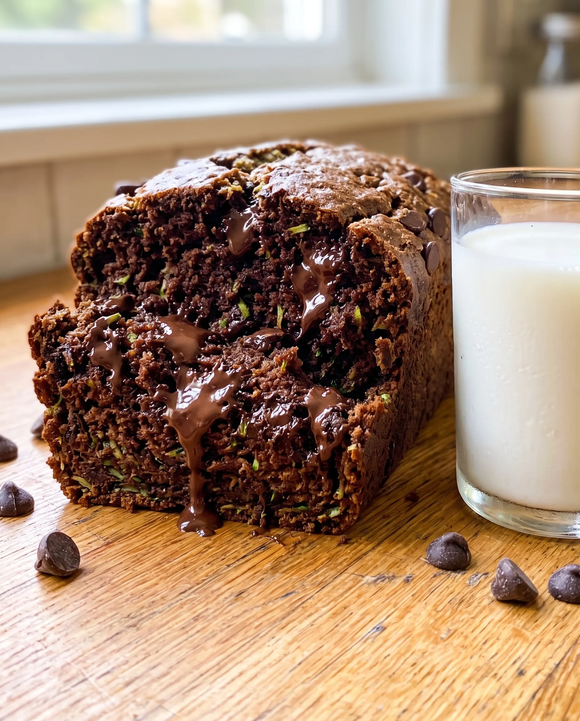 A dark chocolate loaf cut open with melted chocolate dripping from the crumb and flecks of green zucchini, next to a glass of milk and scattered chocolate chips on a wooden counter.