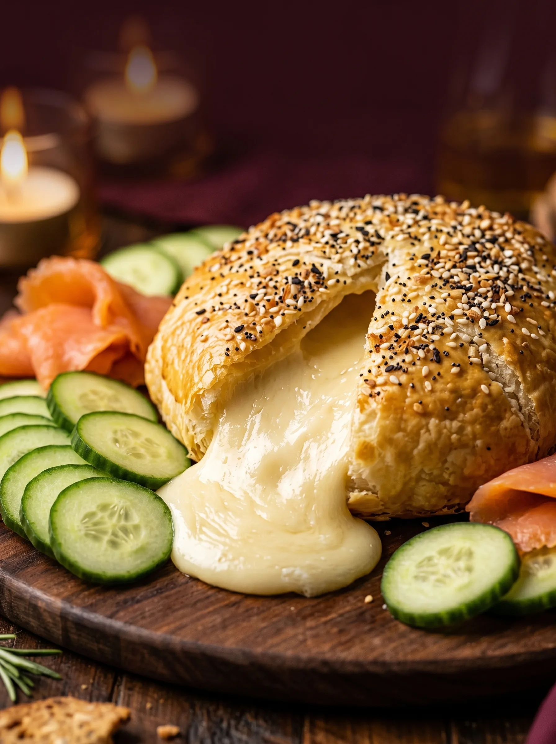 A golden puff pastry wheel covered in everything bagel seasoning, torn open so melted brie runs onto a dark wooden board, with cucumber slices and smoked salmon beside it and candles in the background.
