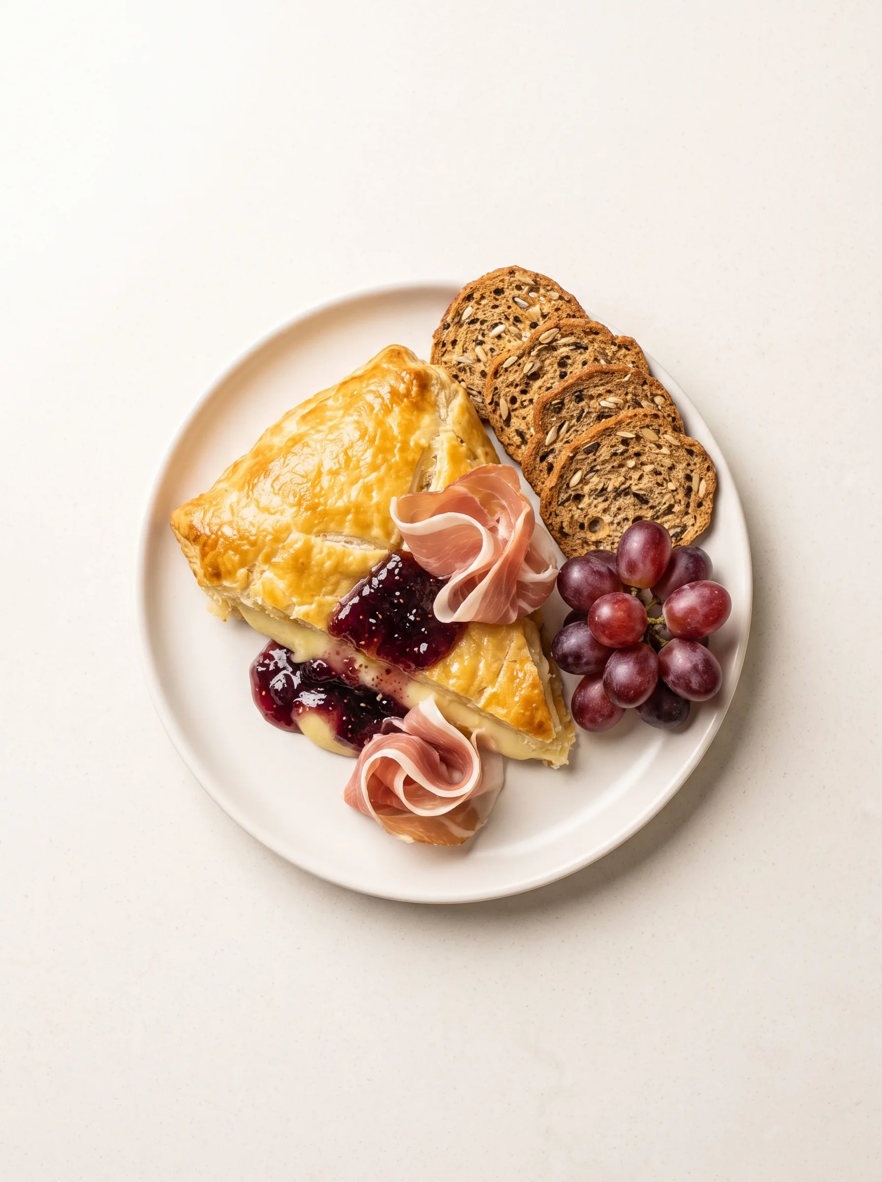 Wedge of puff pastry with melted brie, fig jam, prosciutto, seeded crackers and red grapes on a white plate