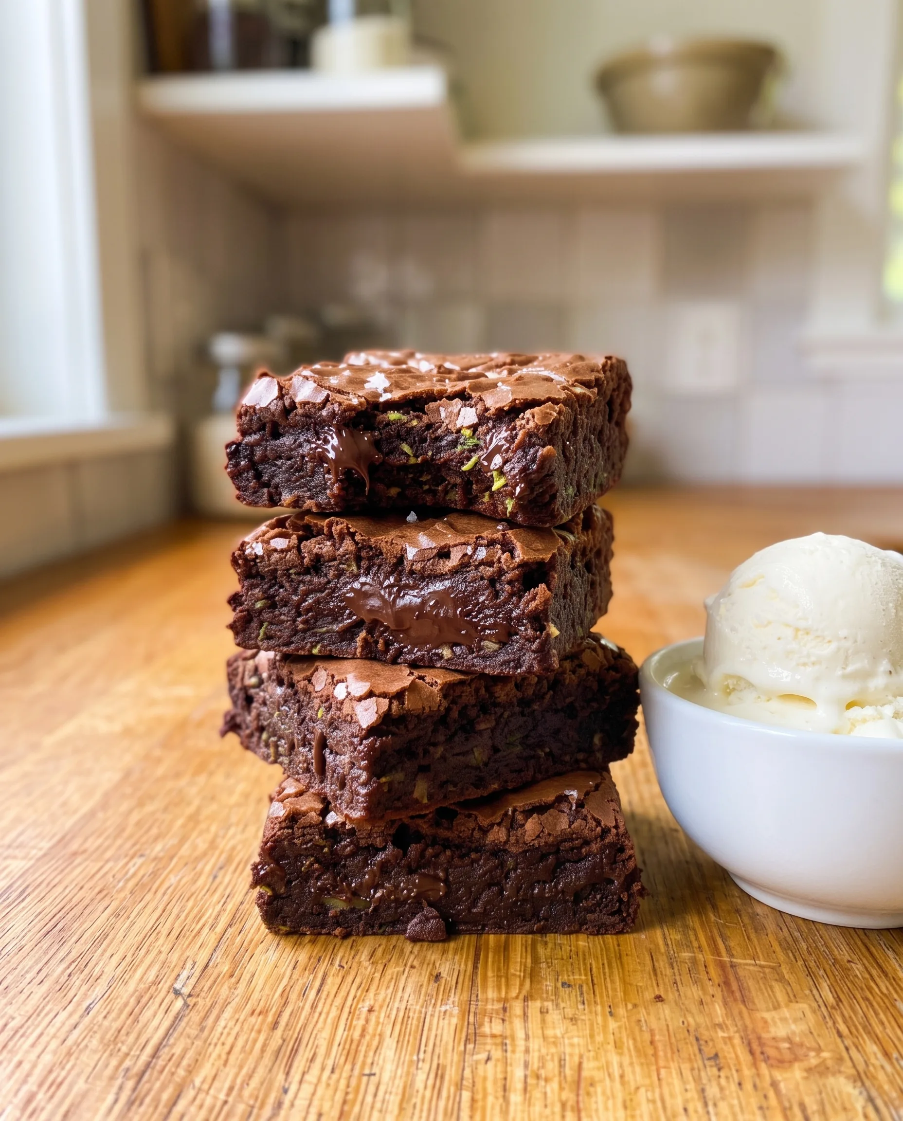 A stack of four dark fudgy brownies with a crackled top and a melted chocolate center, with a white bowl holding a scoop of vanilla ice cream beside them.