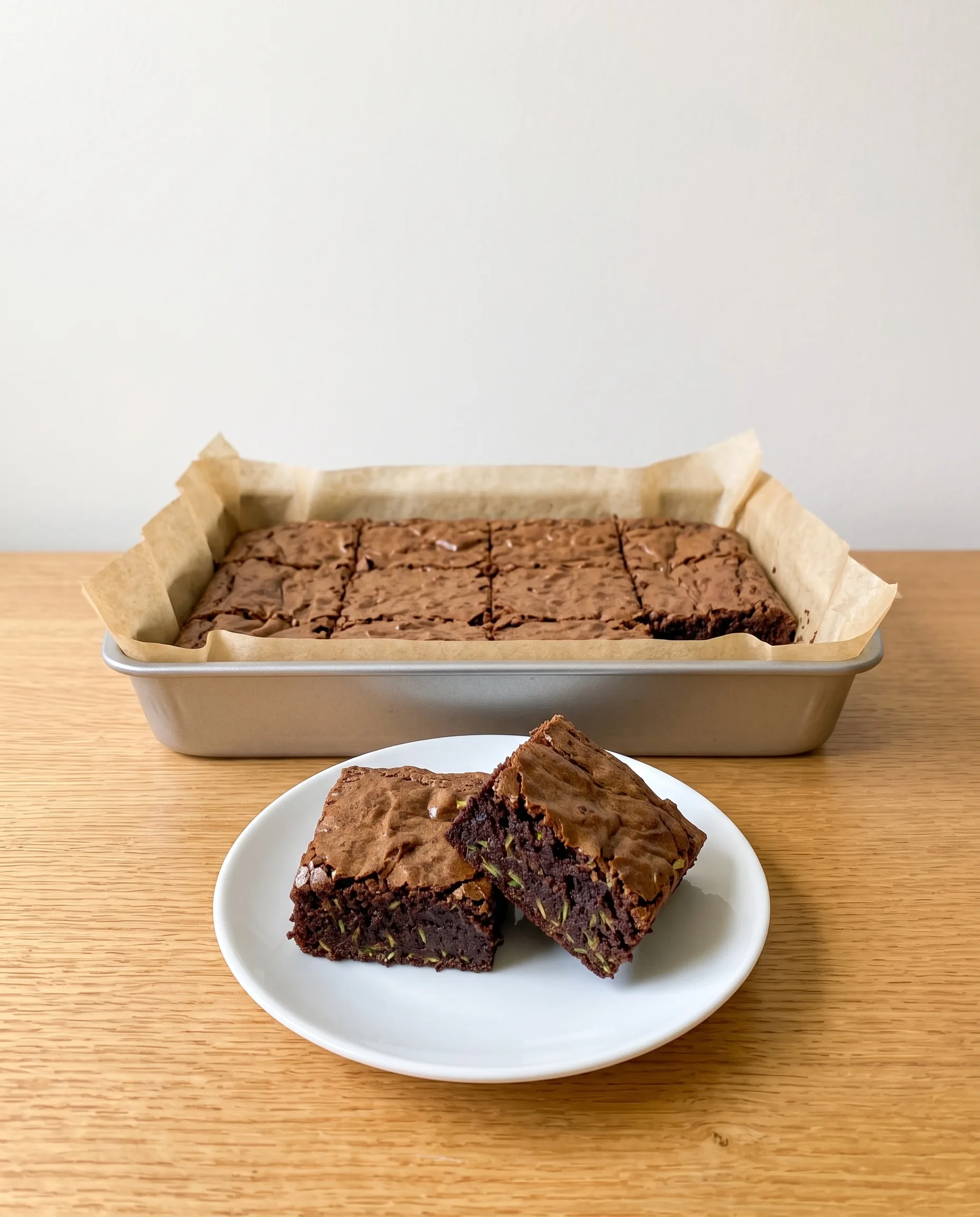 A parchment-lined pan of brownies cut into squares, with two brownies on a white plate in front showing flecks of green zucchini in the dark crumb.