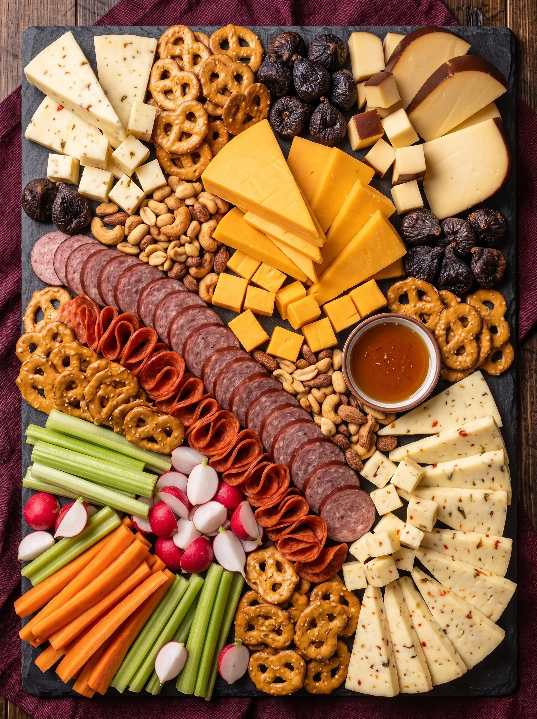 Overhead view of a dark slate board with orange cheddar wedges and cubes, pepper jack and smoked gouda, a diagonal line of sliced summer sausage and folded pepperoni, pretzels, mixed nuts, dried figs, carrot and celery sticks, radishes and a small bowl of honey.