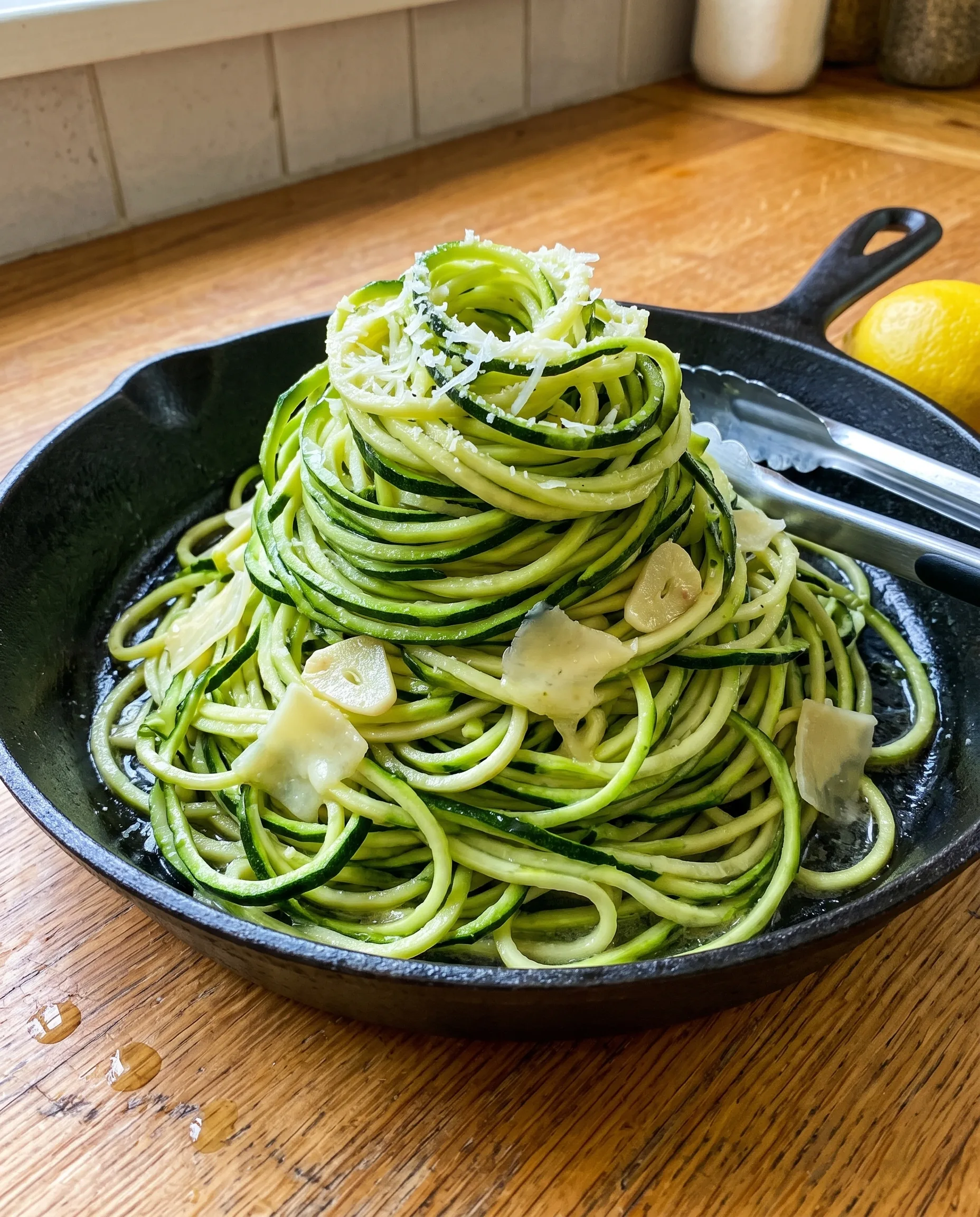 A tall twirl of spiralized zucchini noodles with garlic slices and shaved parmesan in a black cast iron skillet, with metal tongs and a lemon on a wooden counter.