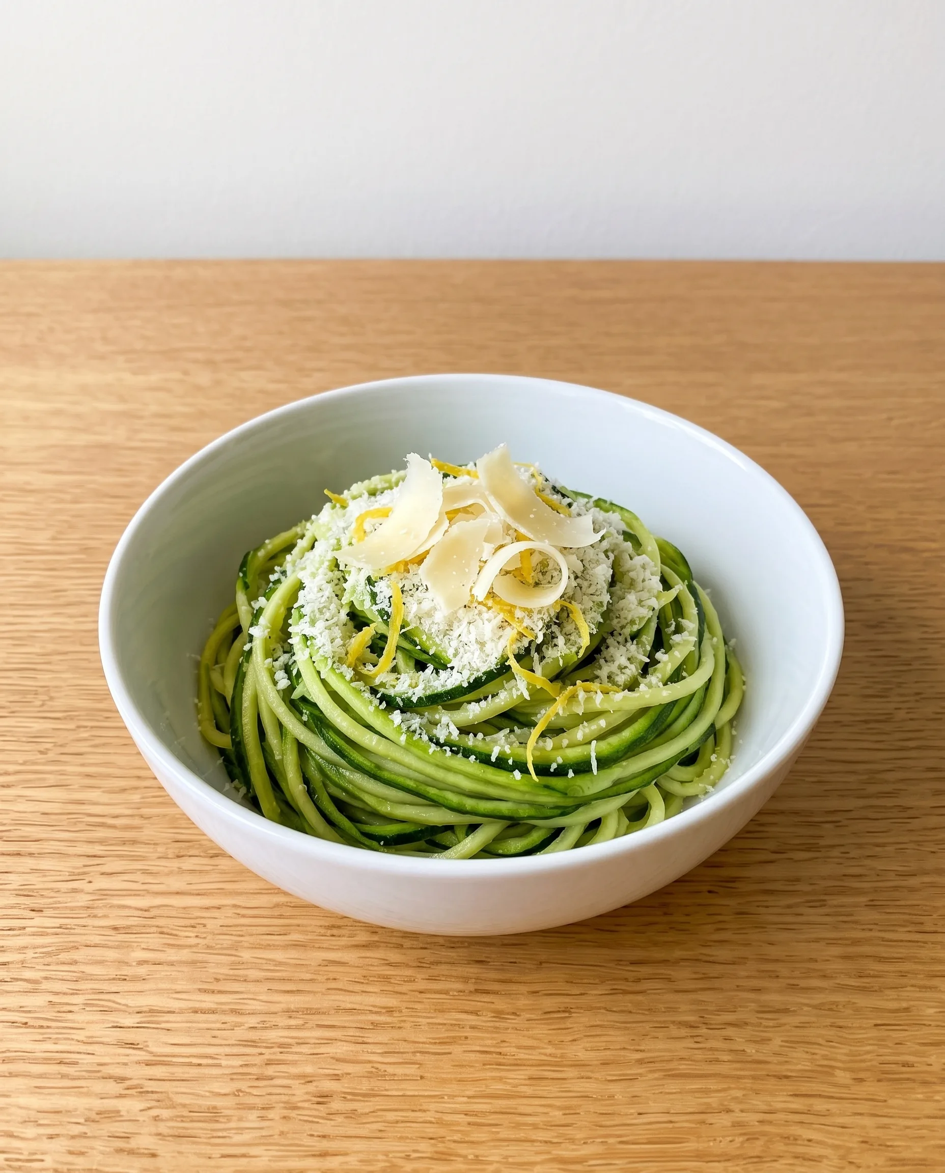 A white bowl of glossy zucchini noodles piled in a nest and topped with grated parmesan, parmesan shavings and lemon zest, on a wooden table.