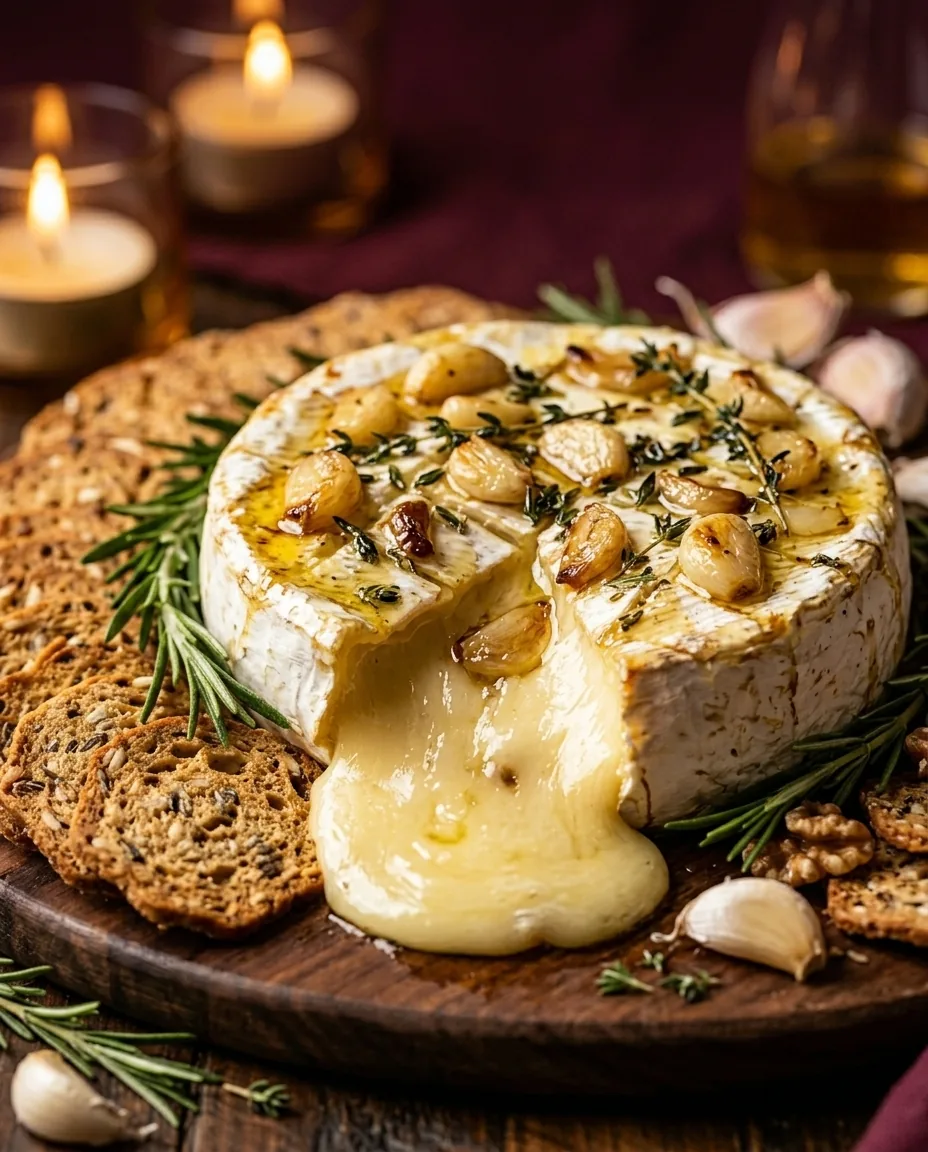 A baked brie wheel with a wedge cut out and melted cheese running onto a dark wooden board, topped with golden garlic slices, thyme and rosemary, with seeded crackers beside it.