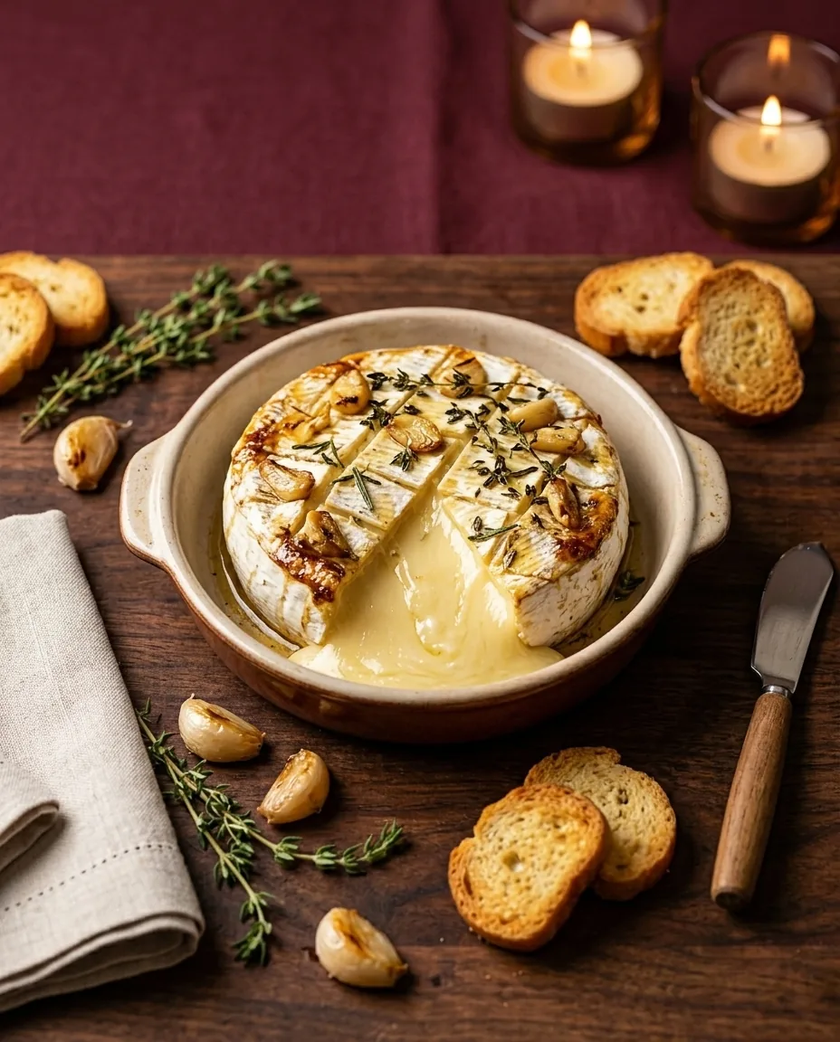 A scored baked brie in a round stoneware dish with garlic slices and thyme on top and a runny center, surrounded by toasted bread slices, loose garlic cloves and a butter knife.