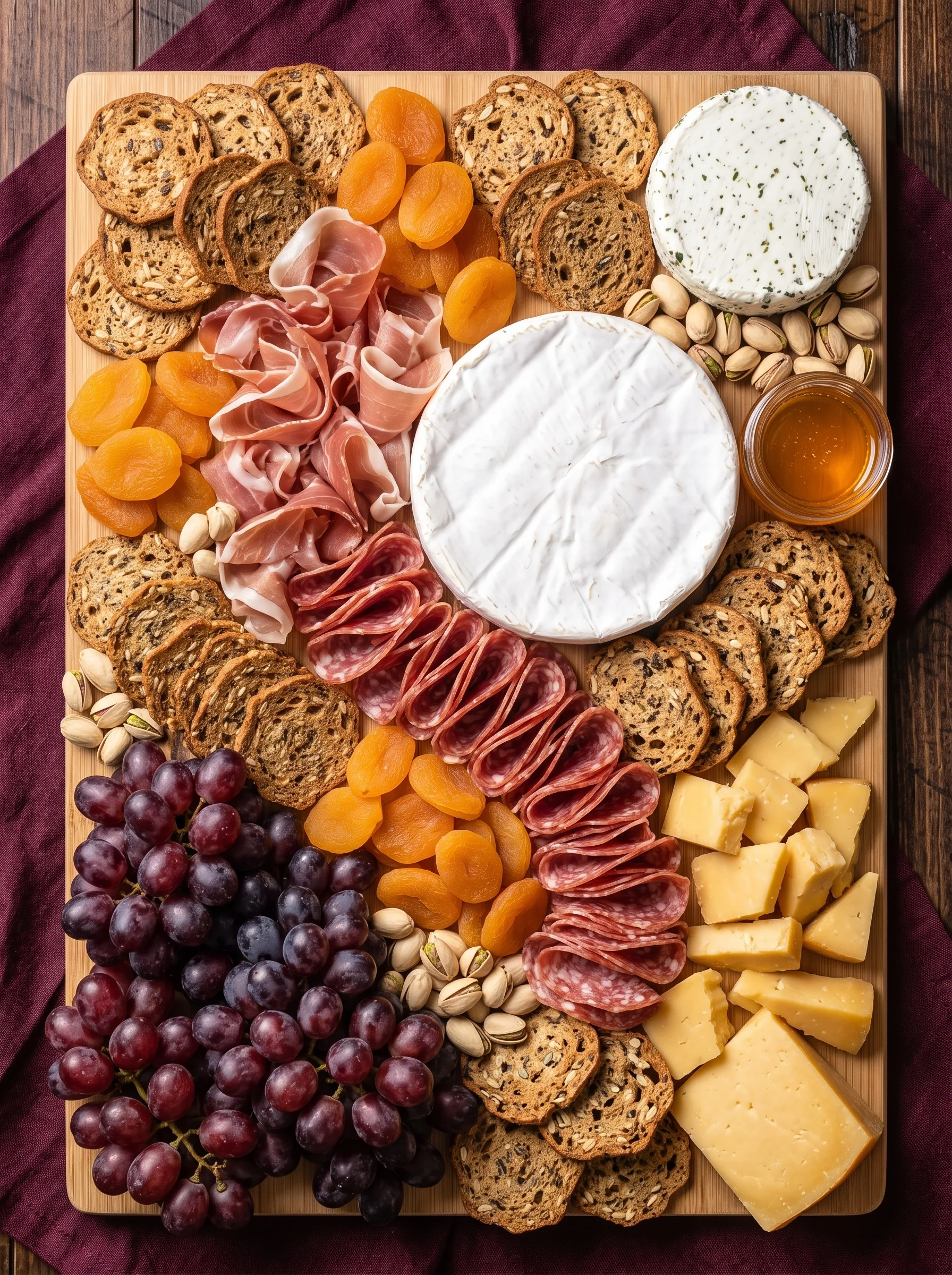 Overhead view of a cheese board with a brie wheel in the center, a herbed goat cheese round, cubes of aged gouda, prosciutto and salami ribbons, dried apricots, red grapes, pistachios, seeded crackers and a small jar of honey.
