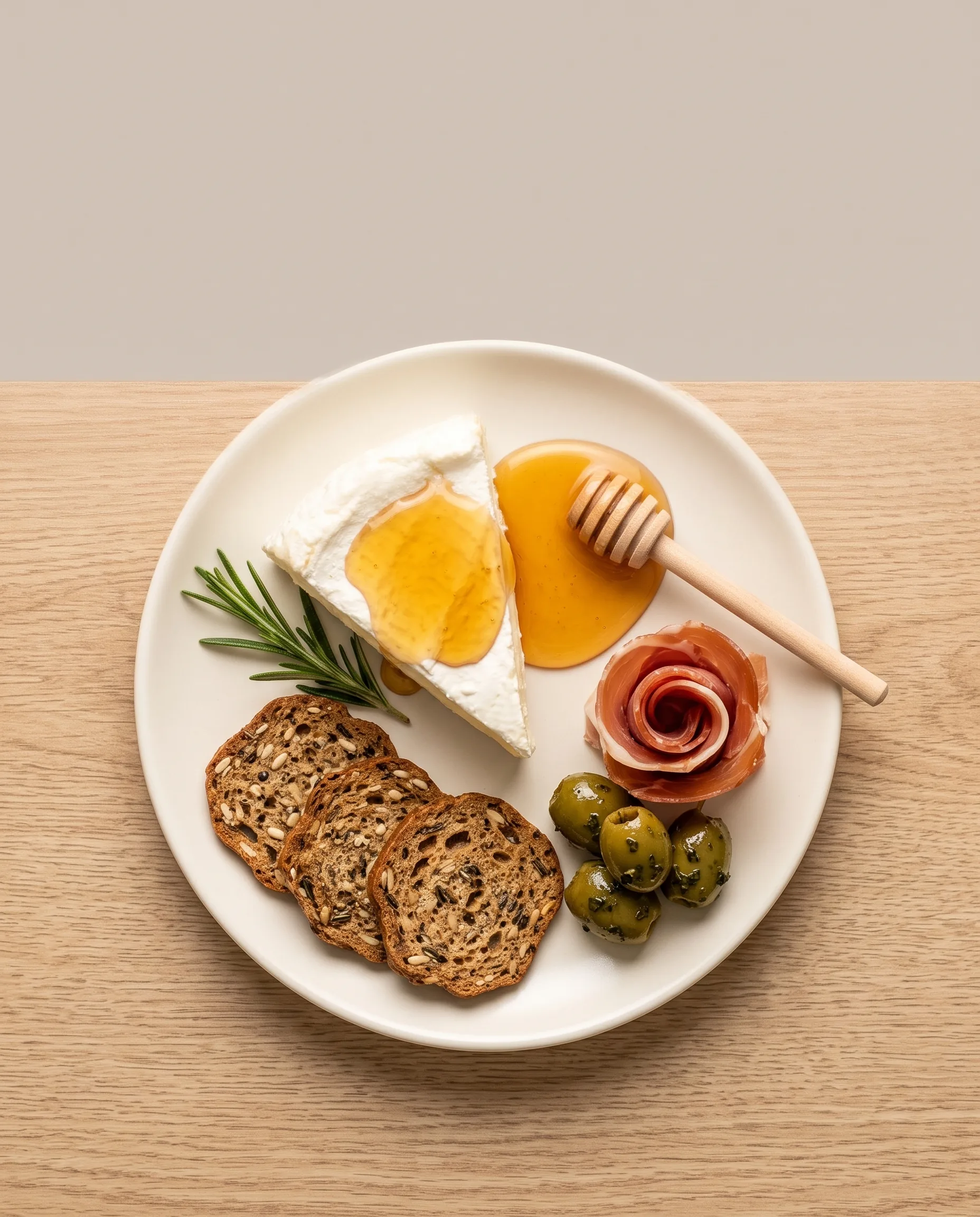 A plate with a wedge of soft white cheese topped with honey, a honey dipper, seeded crackers, marinated green olives, a rolled prosciutto slice and a rosemary sprig.