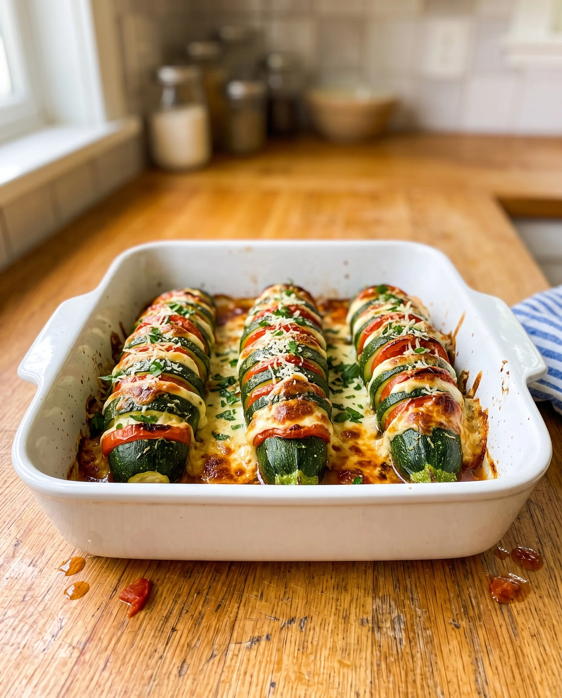 Three whole roasted zucchini sliced hasselback style and filled with tomato and melted mozzarella, topped with parmesan and parsley, in a white baking dish with a striped towel beside it.