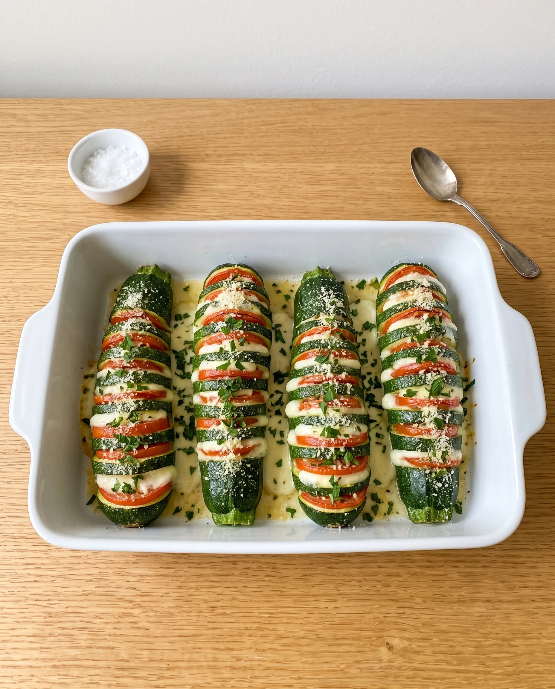 Overhead view of four hasselback zucchini in a white baking dish, each filled with tomato slices and melted mozzarella and sprinkled with parsley and parmesan.