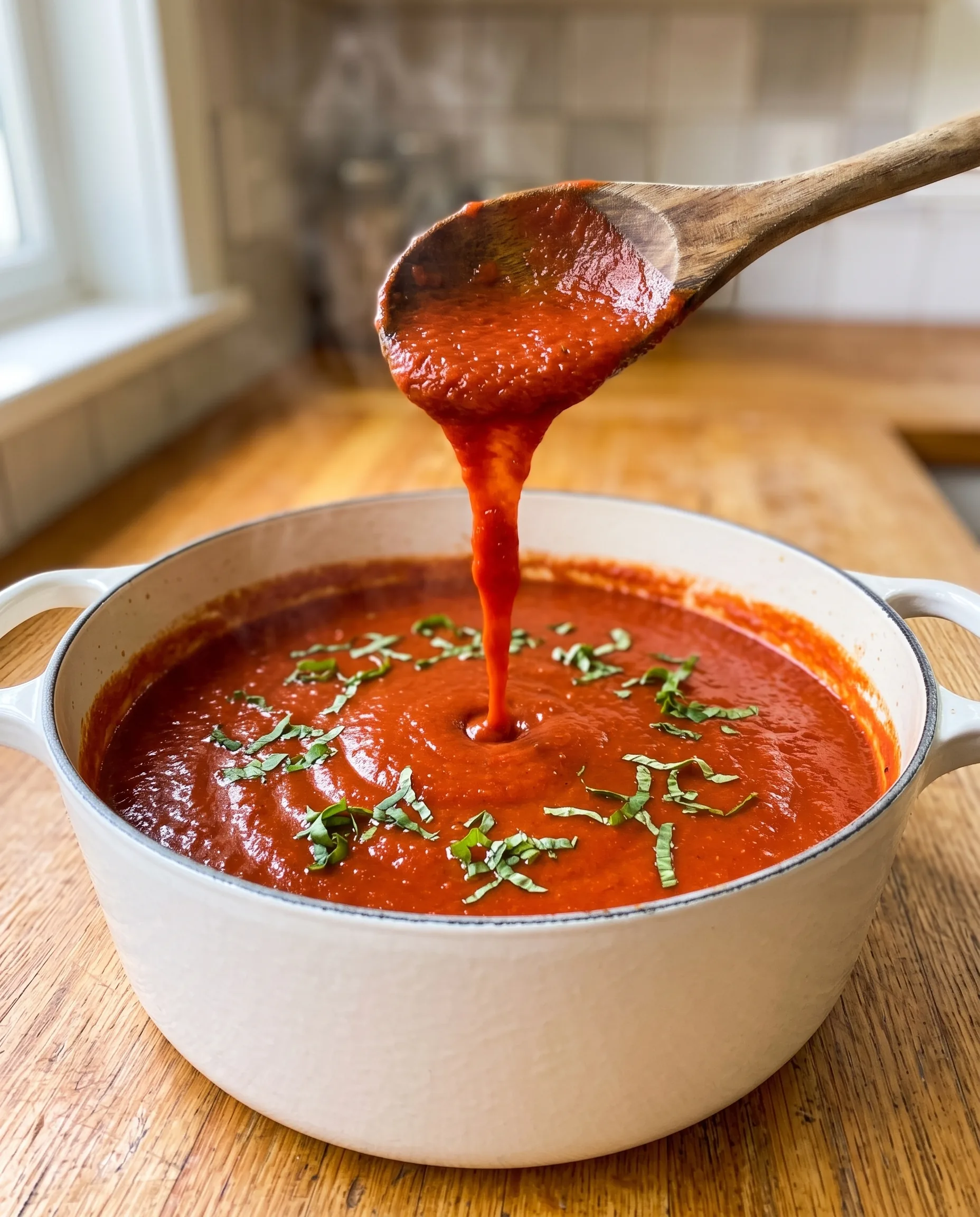 A wooden spoon lifting smooth red marinara out of a white Dutch oven, with shredded basil on the surface, on a wooden counter by a window.