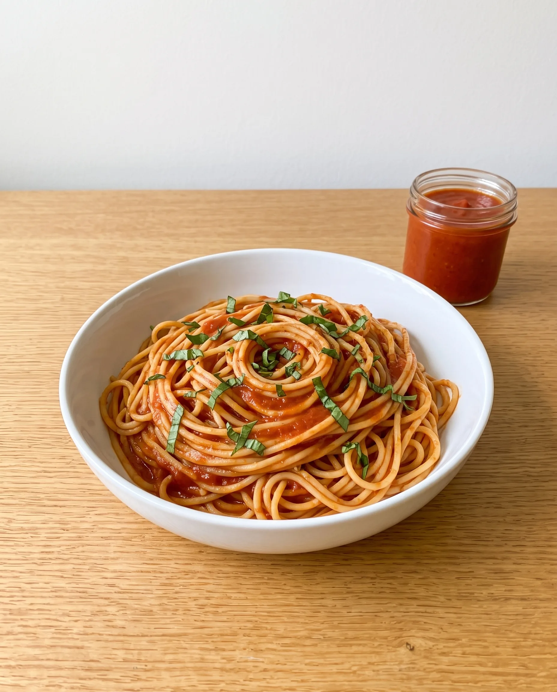 A white bowl of spaghetti coated in red sauce with shredded basil, and a small jar of the sauce beside it on a light wood table.