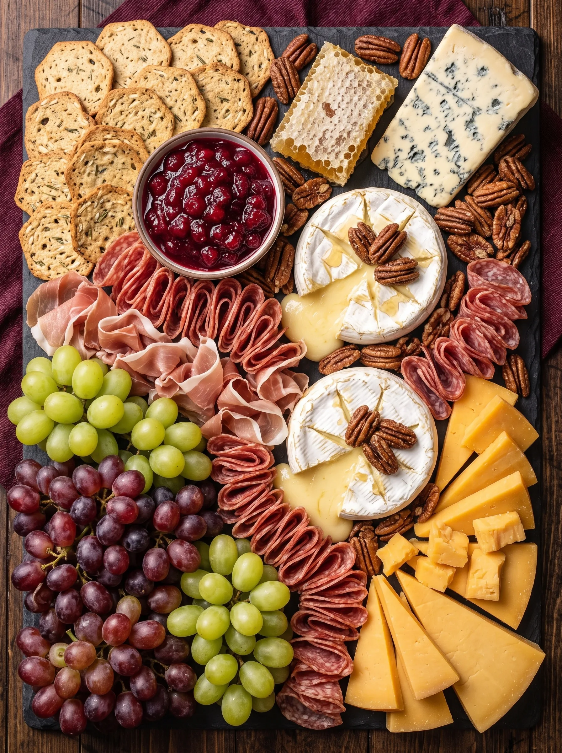 Overhead view of a large slate board with two baked brie wheels topped with pecans and melted cheese, cheddar slices, blue cheese, honeycomb, a bowl of cranberry sauce, salami and prosciutto, red and green grapes, rosemary crackers and candied pecans.