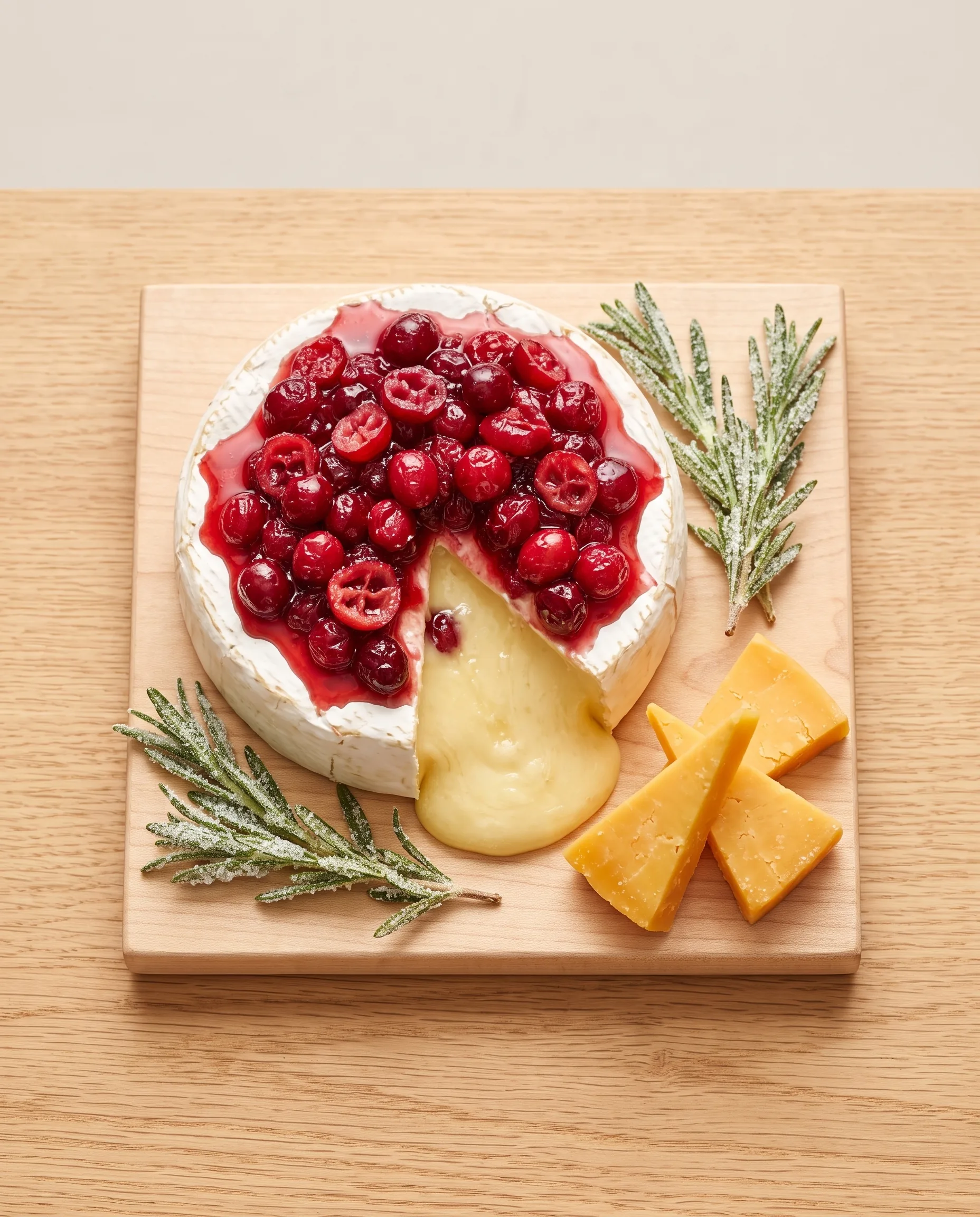 A cut wheel of brie topped with glossy whole cranberries and melted cheese flowing out, with sugared rosemary sprigs and wedges of cheddar on a wooden board.