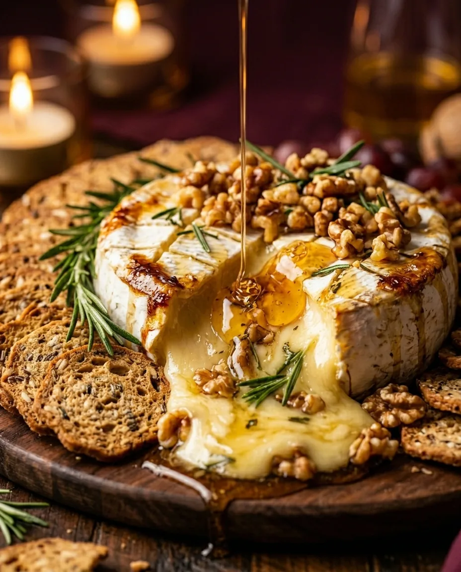 A baked brie wheel with a wedge cut out and melted cheese running over a wooden board, topped with chopped walnuts and rosemary while a thin stream of honey pours from above, with seeded crackers around it.