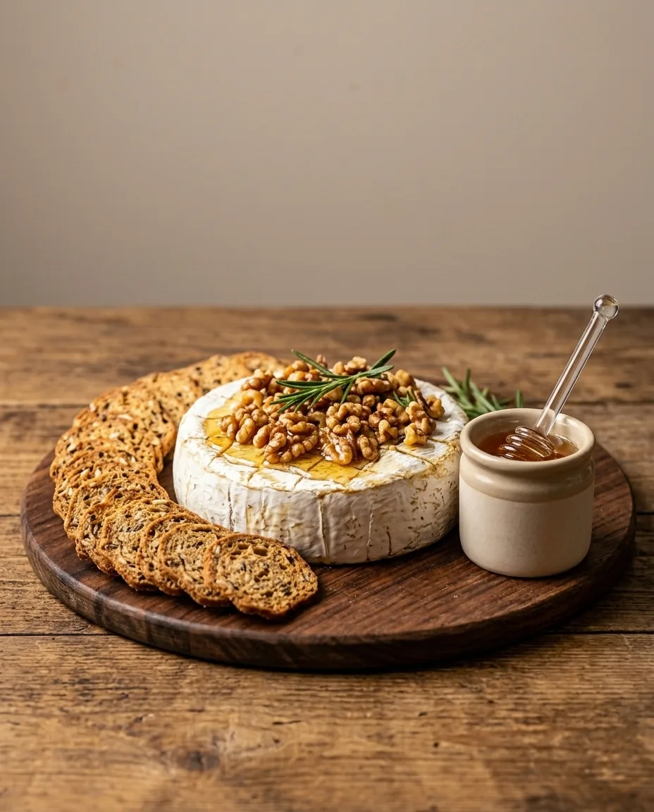 A scored brie wheel topped with toasted walnuts and a rosemary sprig on a round wooden board, with a row of seeded crackers and a small jar of honey with a glass dipper.