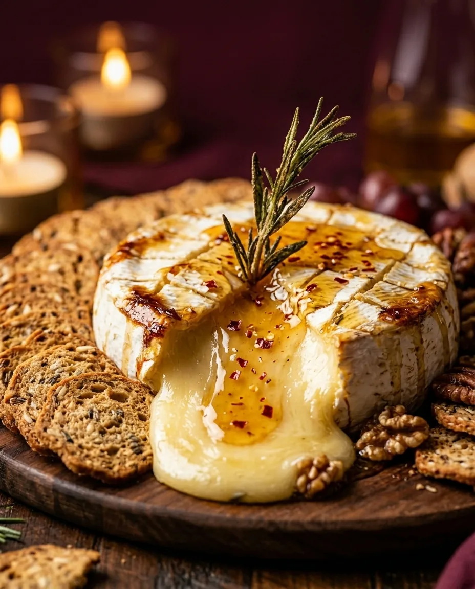 A baked brie wheel with a crosshatch-scored top and an upright rosemary sprig, melted cheese running out and pooled with honey and red pepper flakes, with seeded crackers and walnuts nearby.