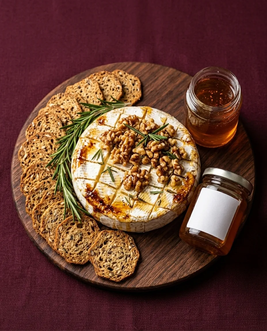 Overhead view of a scored brie topped with walnuts and rosemary on a round wooden board, with seeded crackers and two jars of honey on a burgundy cloth.