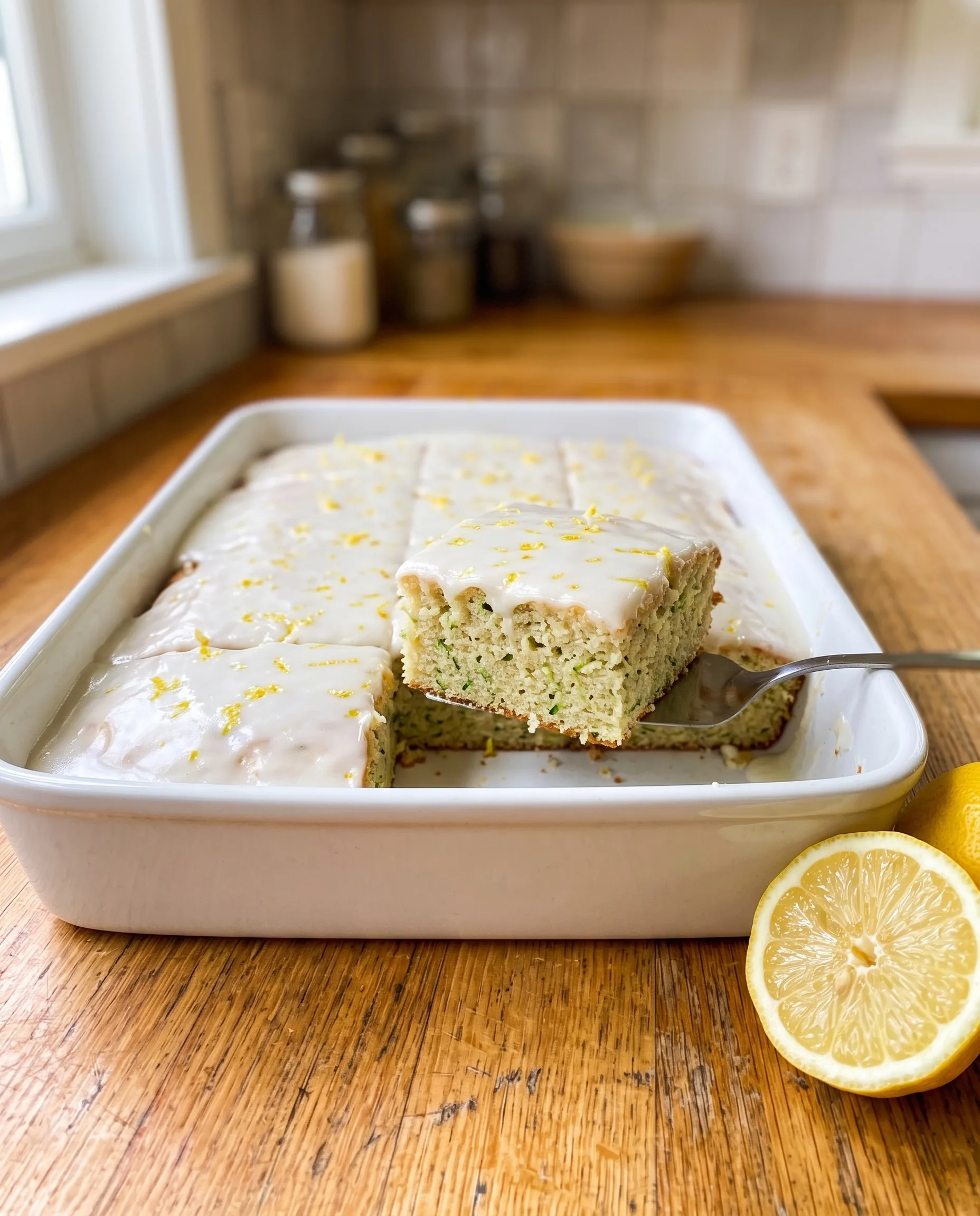 A white baking dish of glazed lemon zucchini cake cut into squares, with one square lifted on a spatula to show the flecked crumb, and a halved lemon beside it.