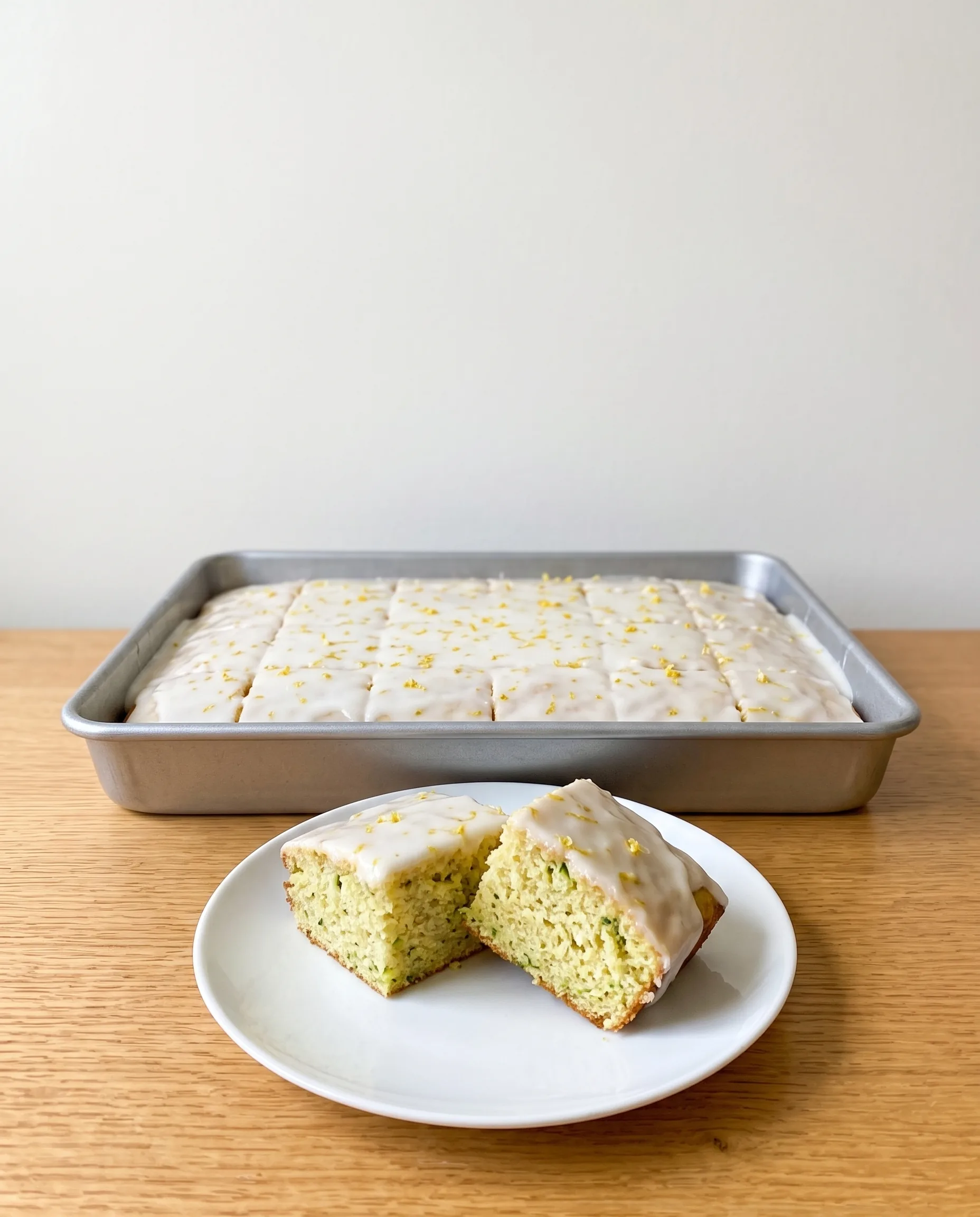 Two halves of a glazed lemon zucchini cake square on a white plate, with the full cut and glazed cake in a metal pan behind it.