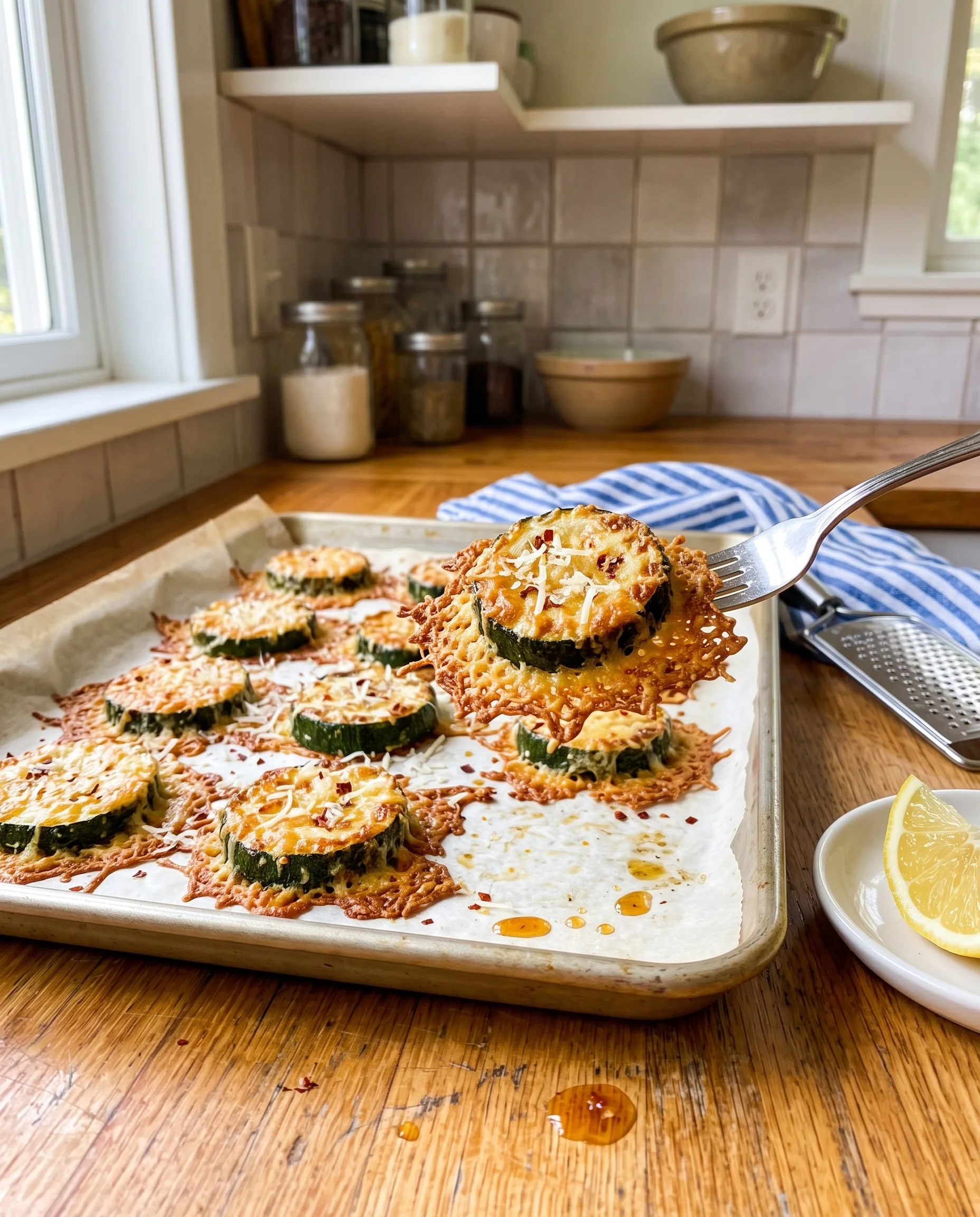A parchment-lined sheet pan of roasted zucchini rounds with lacy golden parmesan crusts, one round lifted on a fork, with a lemon wedge nearby.