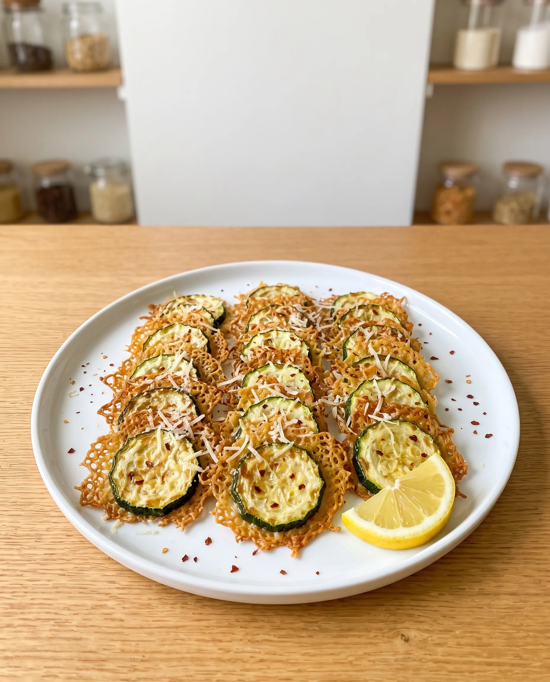 A white platter of roasted zucchini rounds with crisp lacy parmesan edges, red pepper flakes, and a lemon wedge.